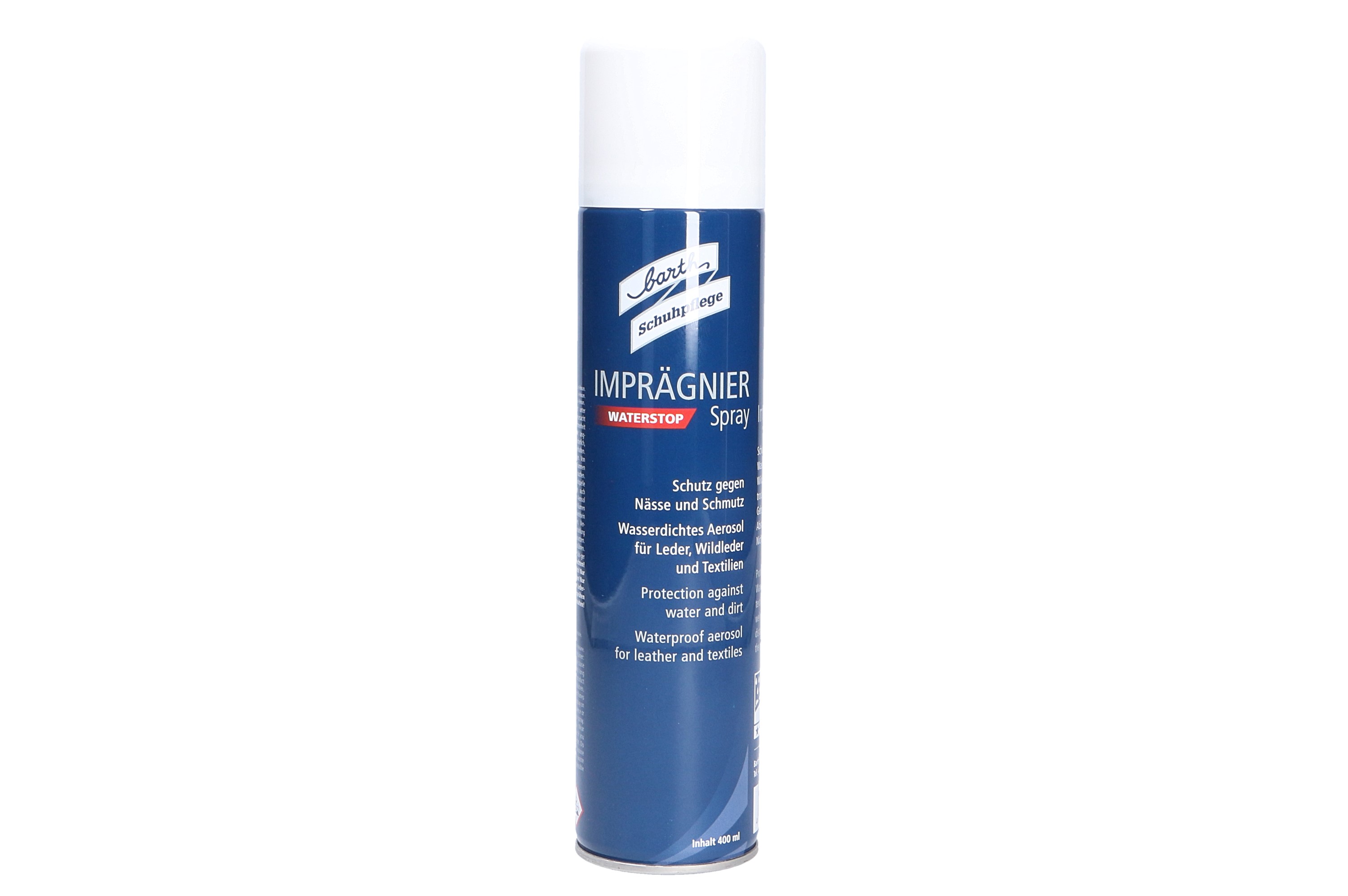 Barth Imprägnier Spray 400 ml in blauer Spraydose mit weißem Deckel, wasserabweisender Schutz für Schuhe, Taschen, Leder und Textilien