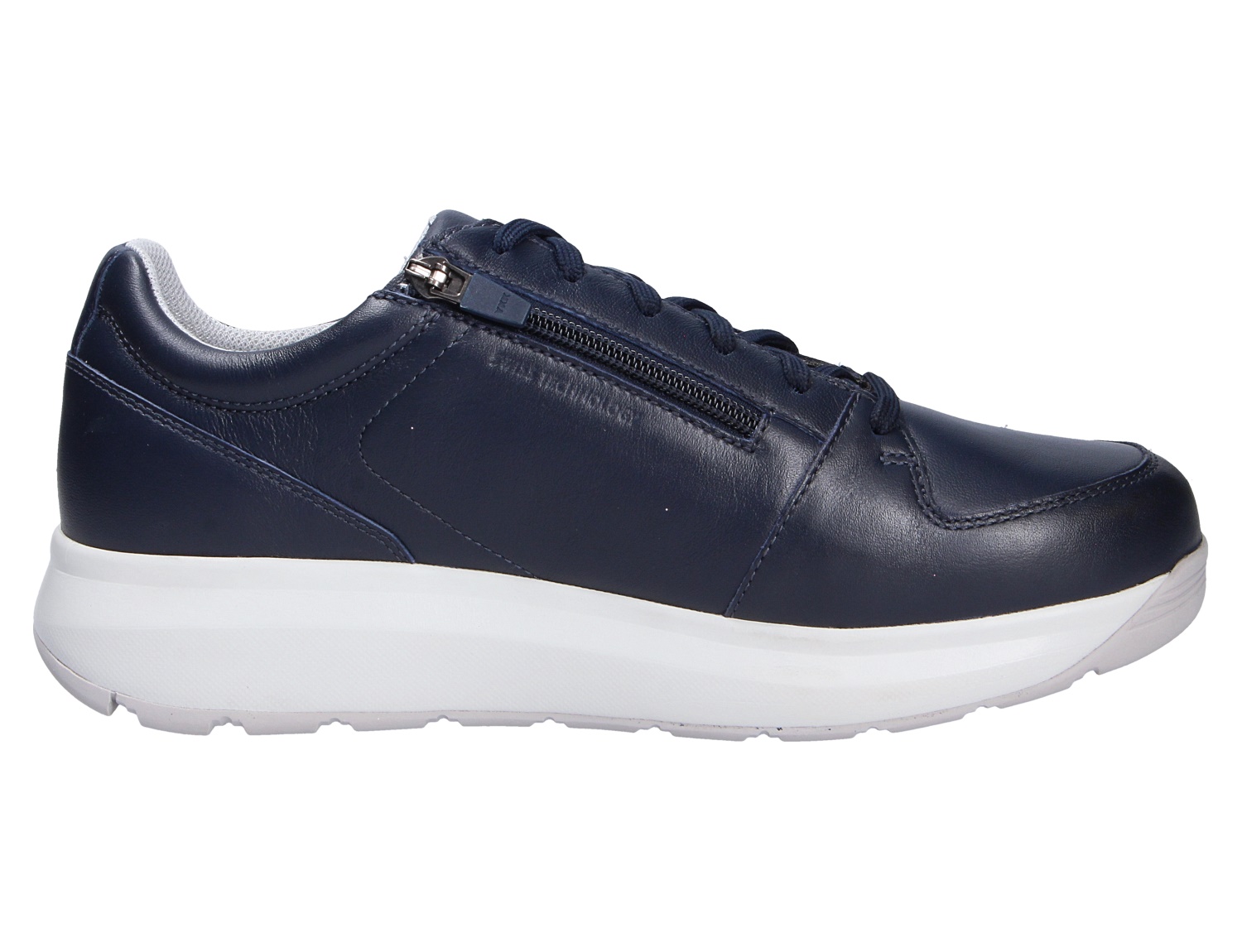 Seitenansicht des JOYA Oliver dark blue II: dunkelblauer Sneaker aus Leder mit Schnürung, seitlichem Reißverschluss und weißer Komfortsohle