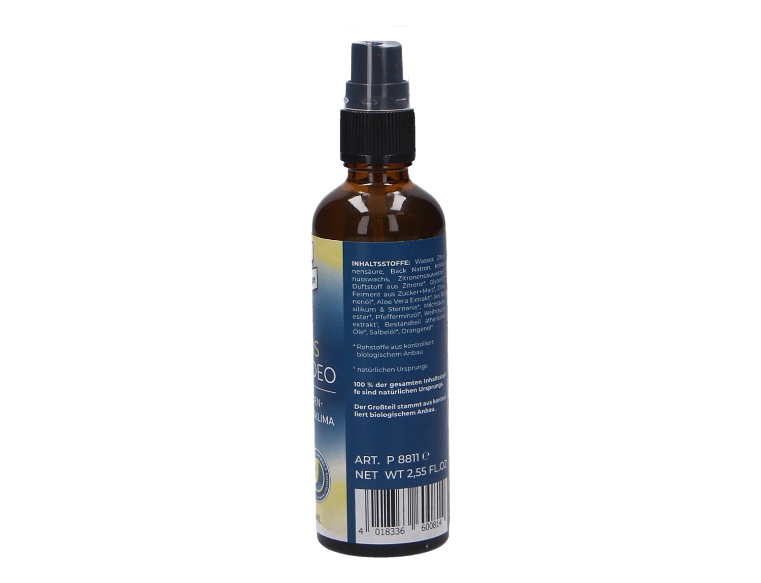 Seitenansicht der Barth Zitrus Schuhdeo Sprayflasche, Schuhdeo mit frischer Zitrusnote zur zuverlässigen Neutralisierung unangenehmer Schuhgerüche