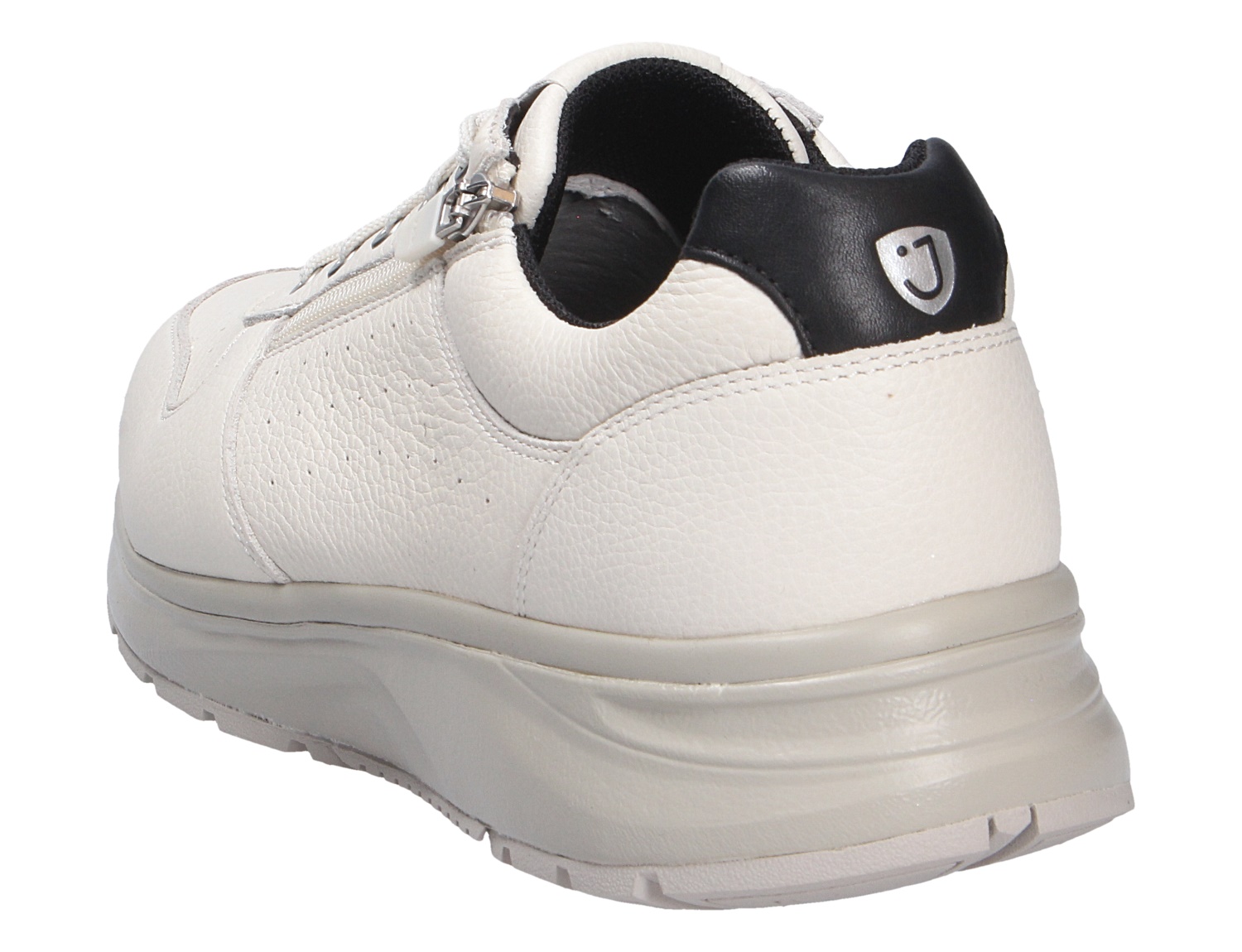 Rückansicht des JOYA DYNAMO Zip M white II: weißer Herren-Sneaker aus Leder mit seitlichem Reißverschluss, schwarzer Fersenkappe und dicker Sohle