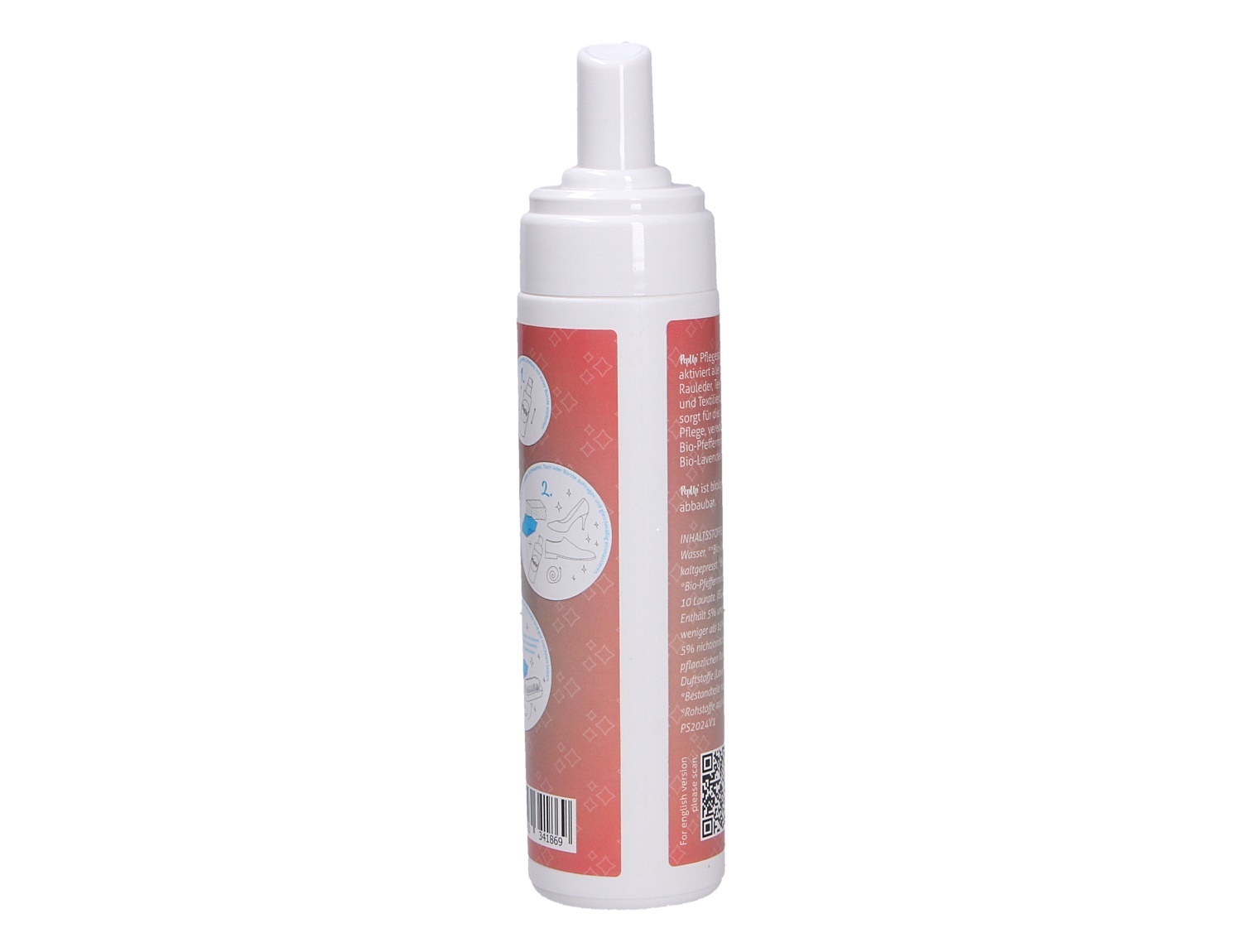 Seitenansicht der Barth Flasche Universal-Leder u. Textil Pflegeschaum mit Bio-Jojobaöl, Bio-Lavendelöl und Bio-Pfefferminzöl für Leder und Textilien
