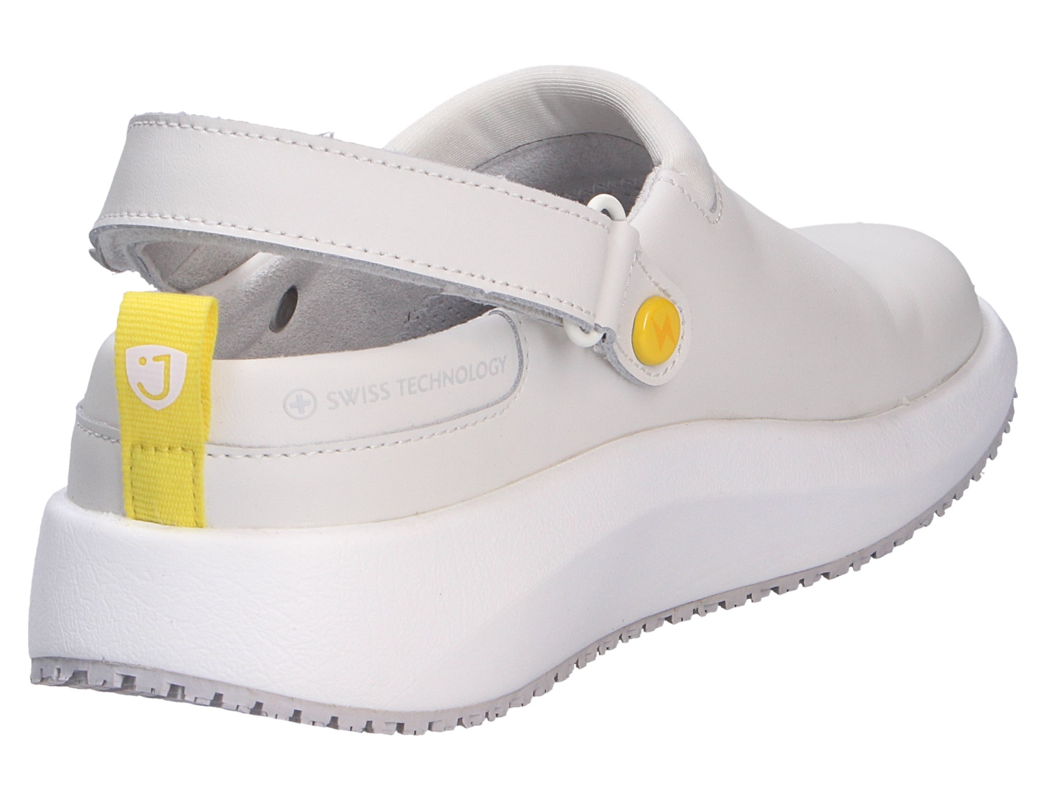 JOYA ACE ESD M white Herren-Pantolette aus weißem Glattleder mit verstellbarem Fersenriemen und dicker Komfortsohle, Rückansicht schräg