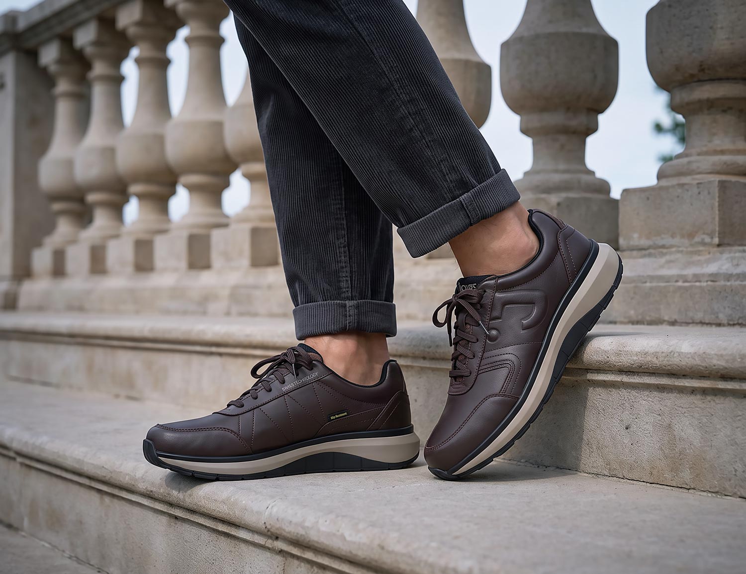 JOYA Cancun SR dark brown Herren-Sneaker aus braunem Leder mit Schnürung, getragen auf Steinstufen im urbanen Umfeld