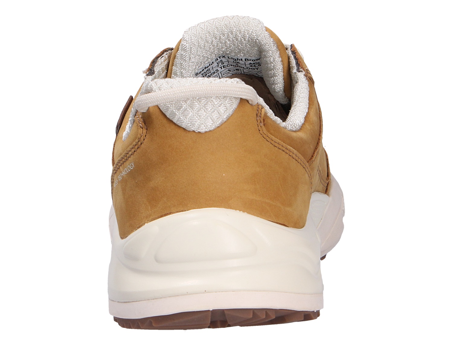 Rückansicht des JOYA Seefeld Stx light brown, hellbrauner Komfortschuh mit weißer Sohle und Schnürung