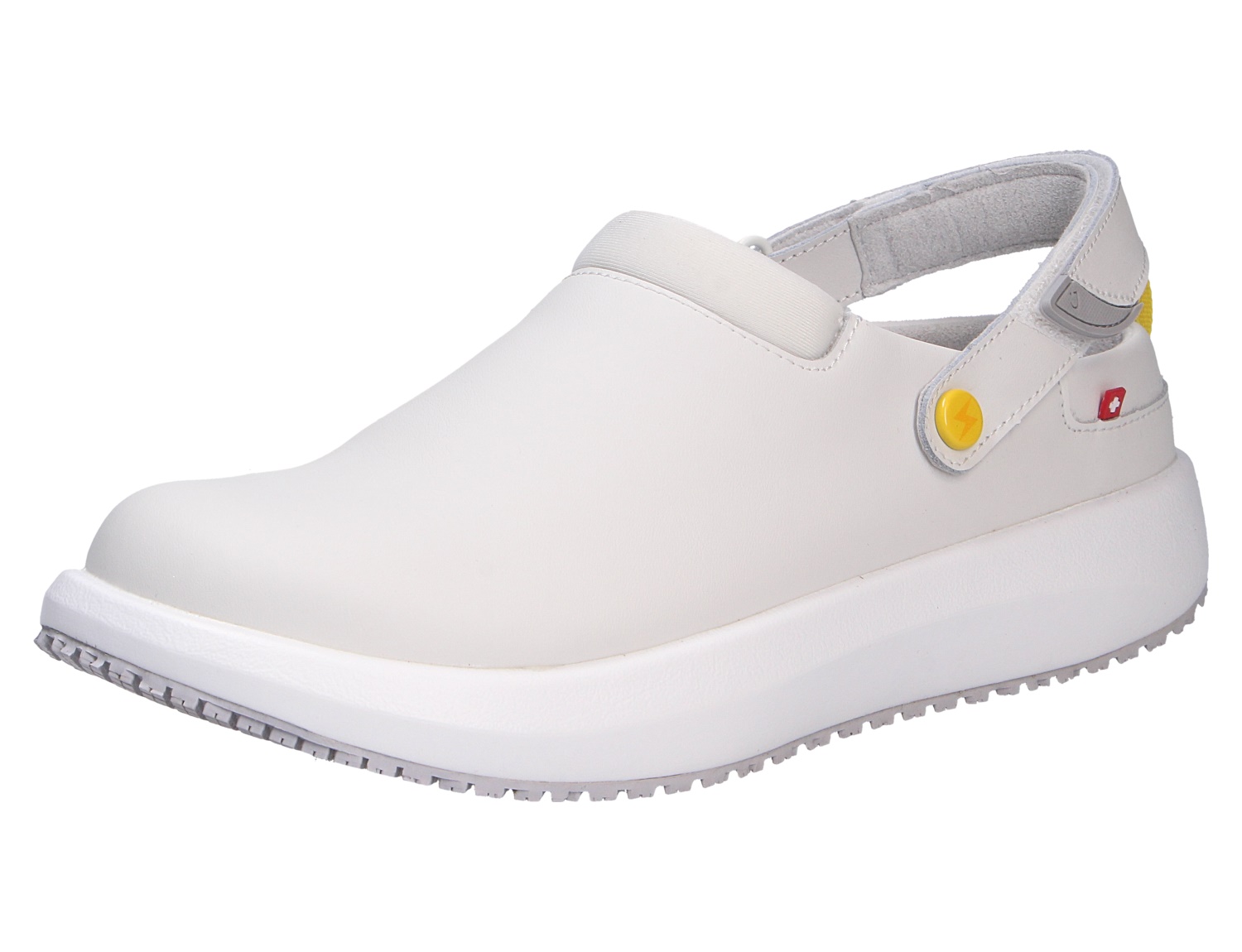JOYA ACE ESD M white, weiße Herren-Pantolette aus Glattleder mit Fersenriemen und rutschhemmender Sohle, orthopädisch bequem für breite und beanspruchte Füße