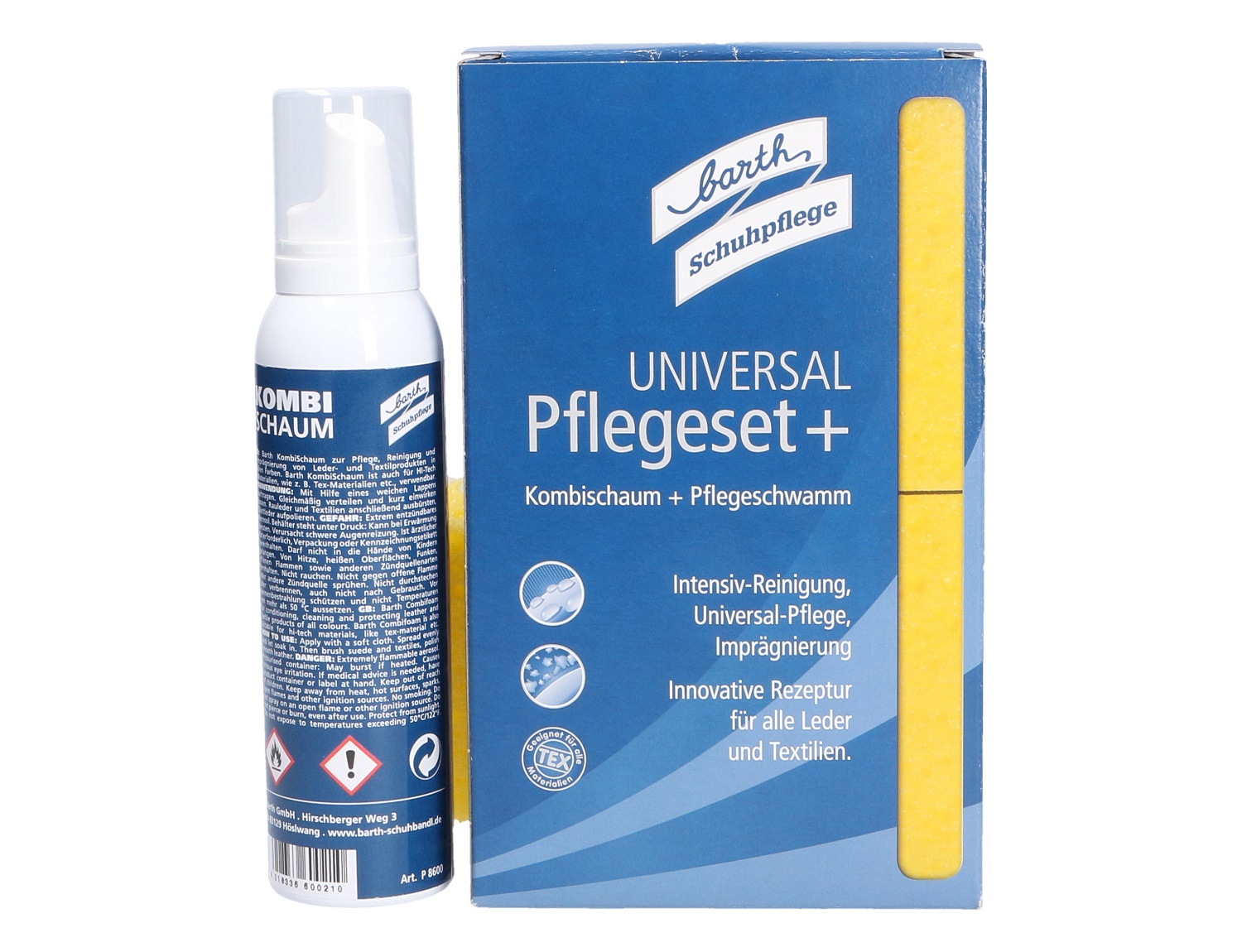 Barth Universal Pflegeset+ mit Kombischaum und gelbem Pflegeschwamm in Verpackung, praktische Komplettlösung zur Reinigung, Pflege und Imprägnierung von Schuhen aus Leder und Textilien