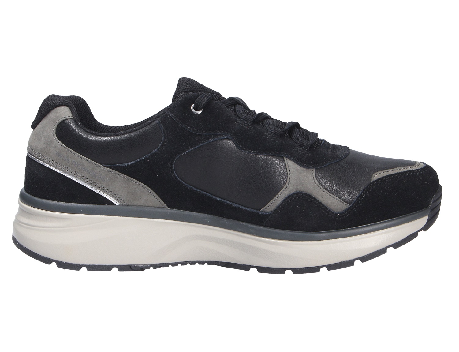 JOYA Tony III black, schwarzer Sneaker aus Leder und Veloursleder mit grauen Einsätzen, Seitenansicht und dicker Komfortsohle