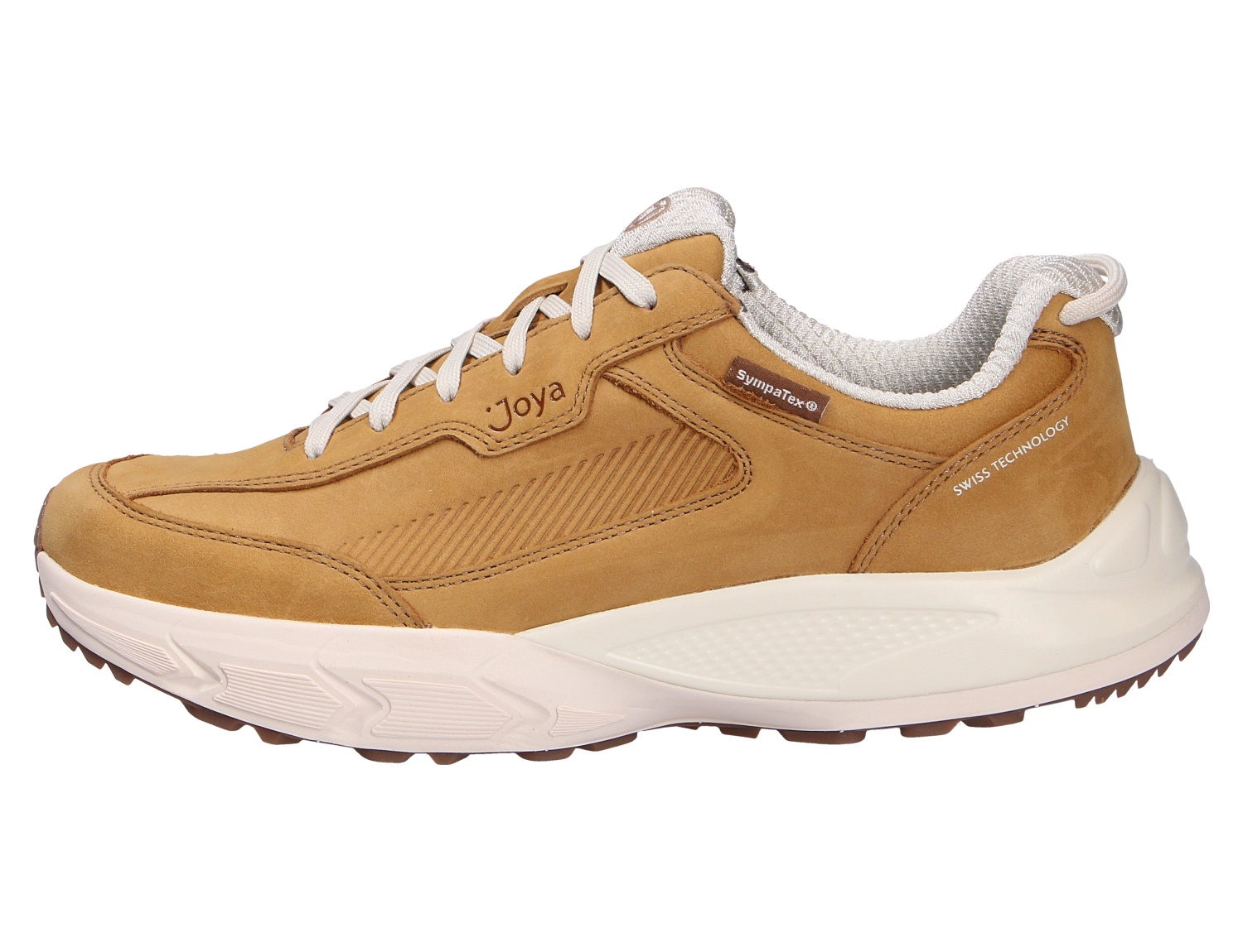 Seitliche Ansicht des JOYA Seefeld Stx light brown: sportlicher Sneaker aus hellbraunem Nubukleder mit Schnürung, weißer Komfortsohle und Sympatex-Membran.