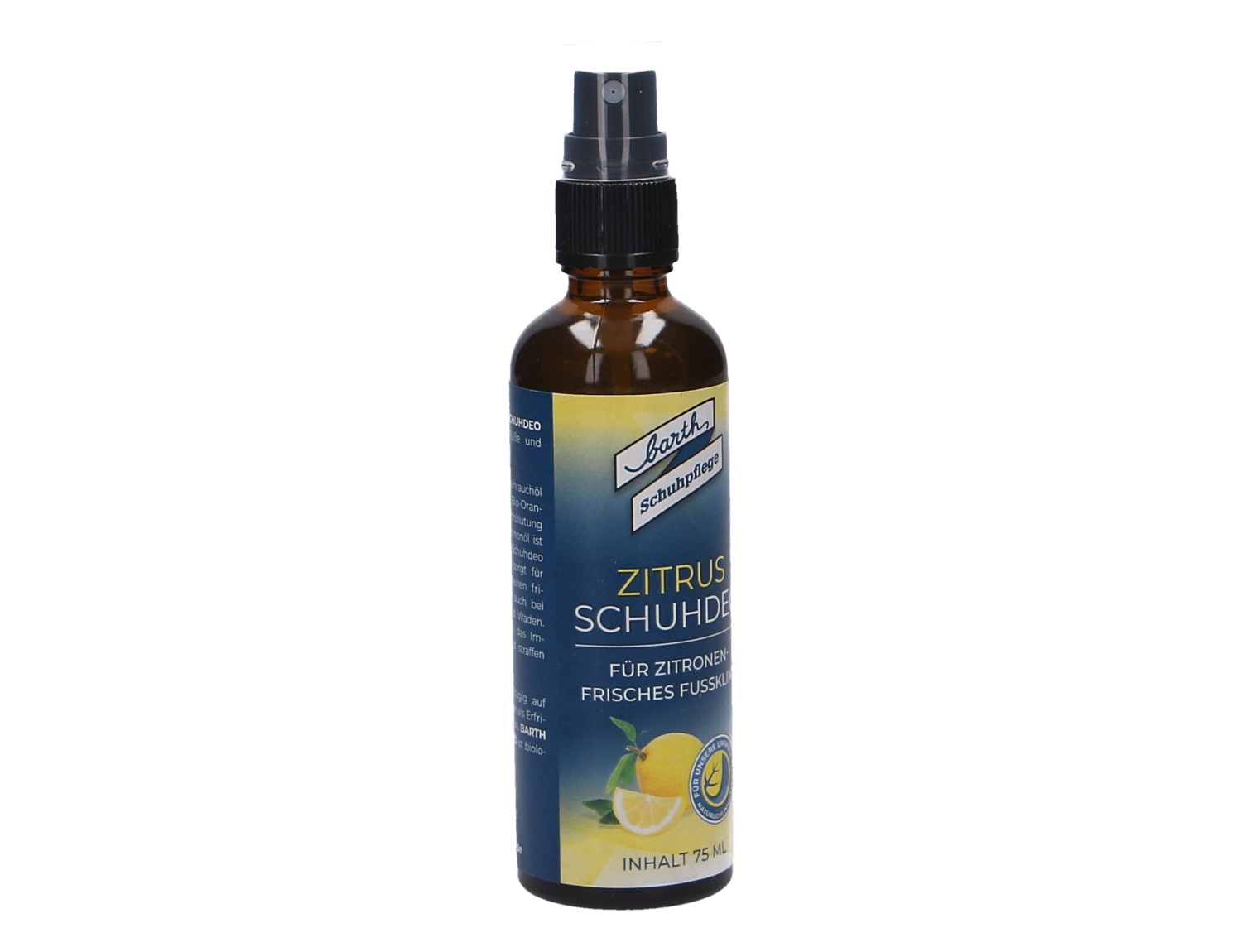 Braune Sprühflasche Barth Zitrus Schuhdeo 75 ml, Schuhpflege gegen unangenehme Gerüche mit belebender Zitrusfrische für ein sauberes, frisches Tragegefühl.