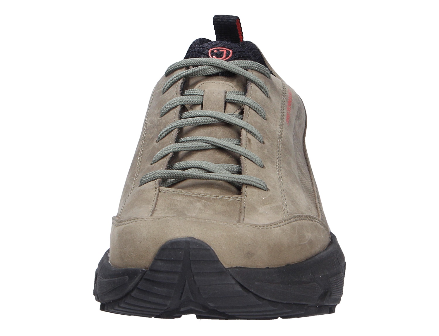 Frontansicht des JOYA Oberstdorf STX green, grüner Outdoor-Schnürschuh aus Leder mit grauen Schnürsenkeln und schwarzer Profilsohle