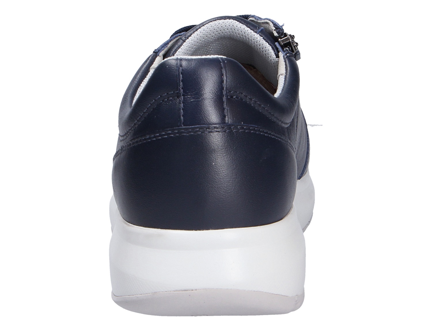 Rückansicht des JOYA Oliver dark blue II Sneakers in Dunkelblau mit weißer Sohle und seitlichem Reißverschluss