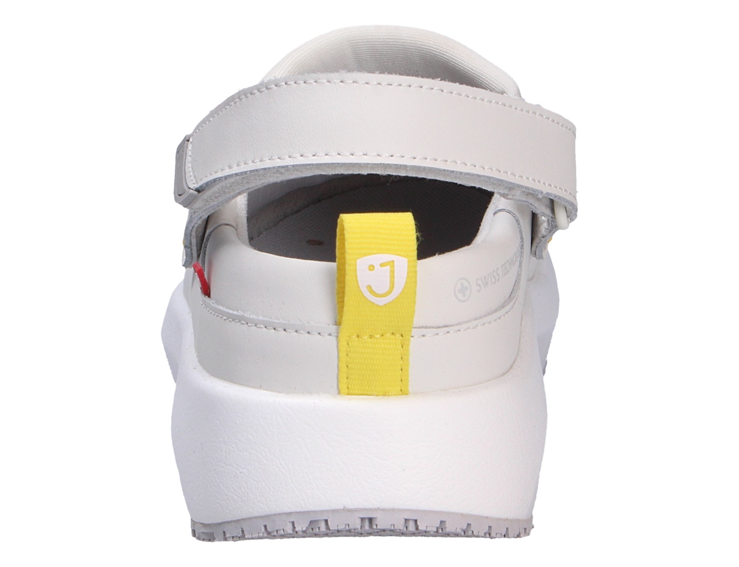 Rückansicht der weißen JOYA Herren-Pantolette ACE ESD M white aus Glattleder mit Klettverschluss, Fersenriemen und weicher entlastender Sohle