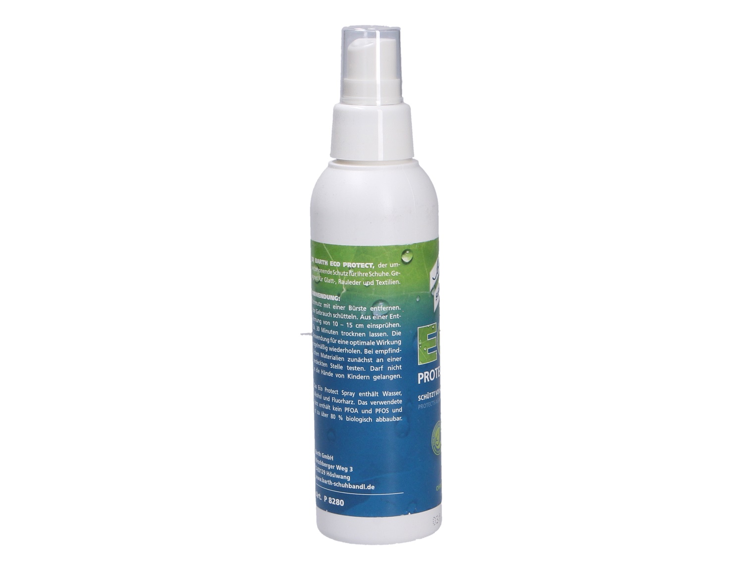 Barth ECO Protect Spray 150 ml als Schuh-Imprägnierspray in weißer Flasche, schützt Materialien zuverlässig vor Nässe, Schmutz und äußeren Einflüssen