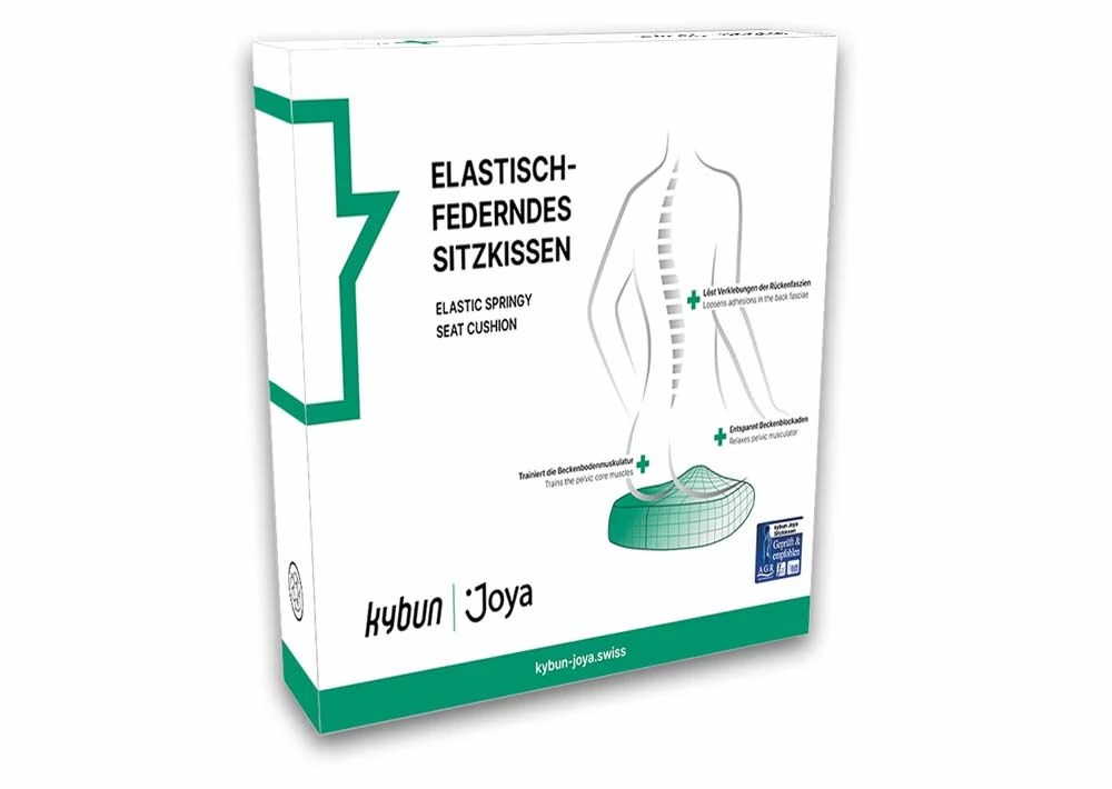 Produktverpackung des JOYA Elastisch-federnden Sitzkissens mit Rücken-Illustration, AGR-geprüft, zur Aktivierung der Sitzhaltung und Entlastung des Rückens