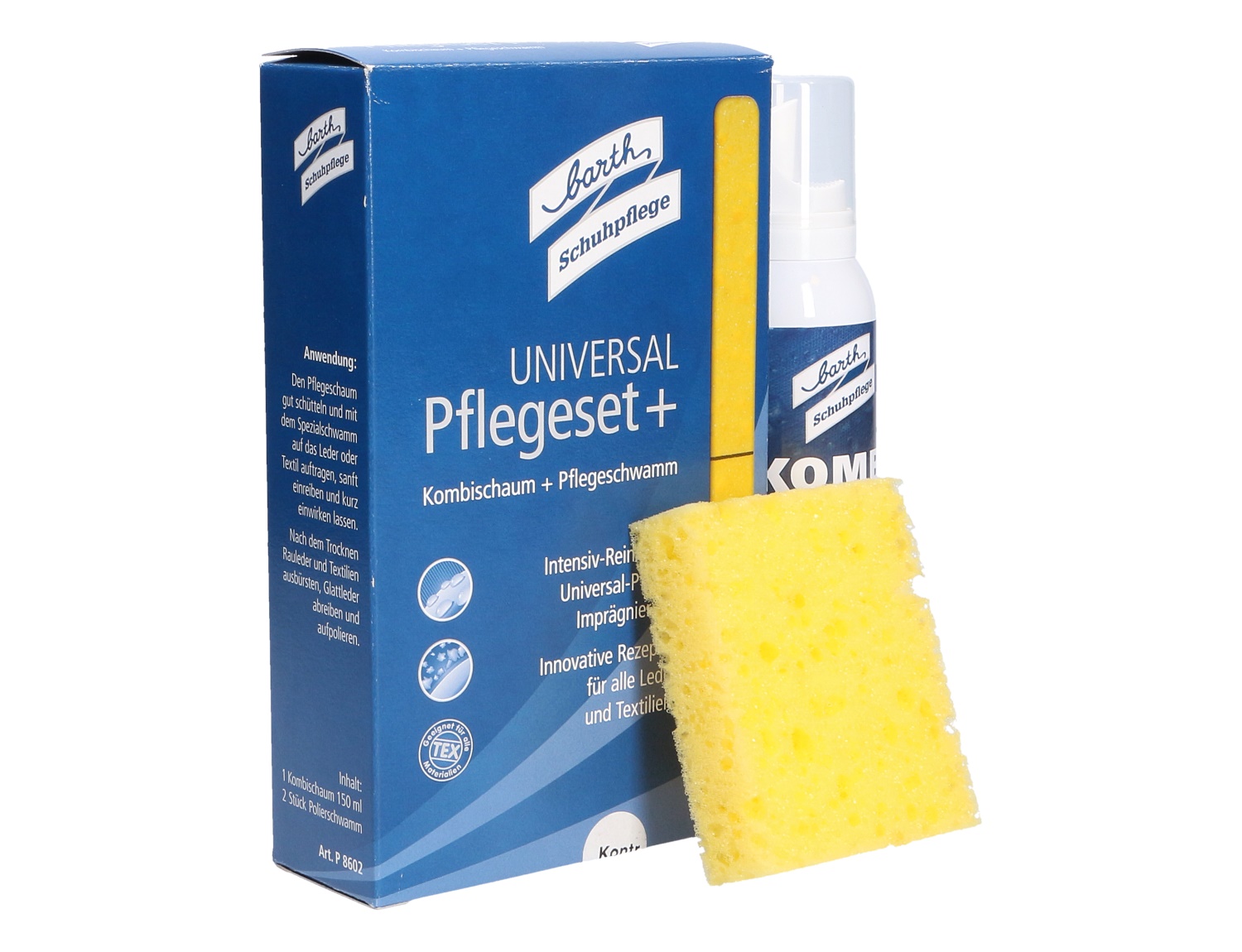 Barth Universal Pflegeset+ mit Kombischaum, Pumpspender und gelbem Pflegeschwamm zur Reinigung, Pflege und Imprägnierung von Schuhen aus Leder und Textilien