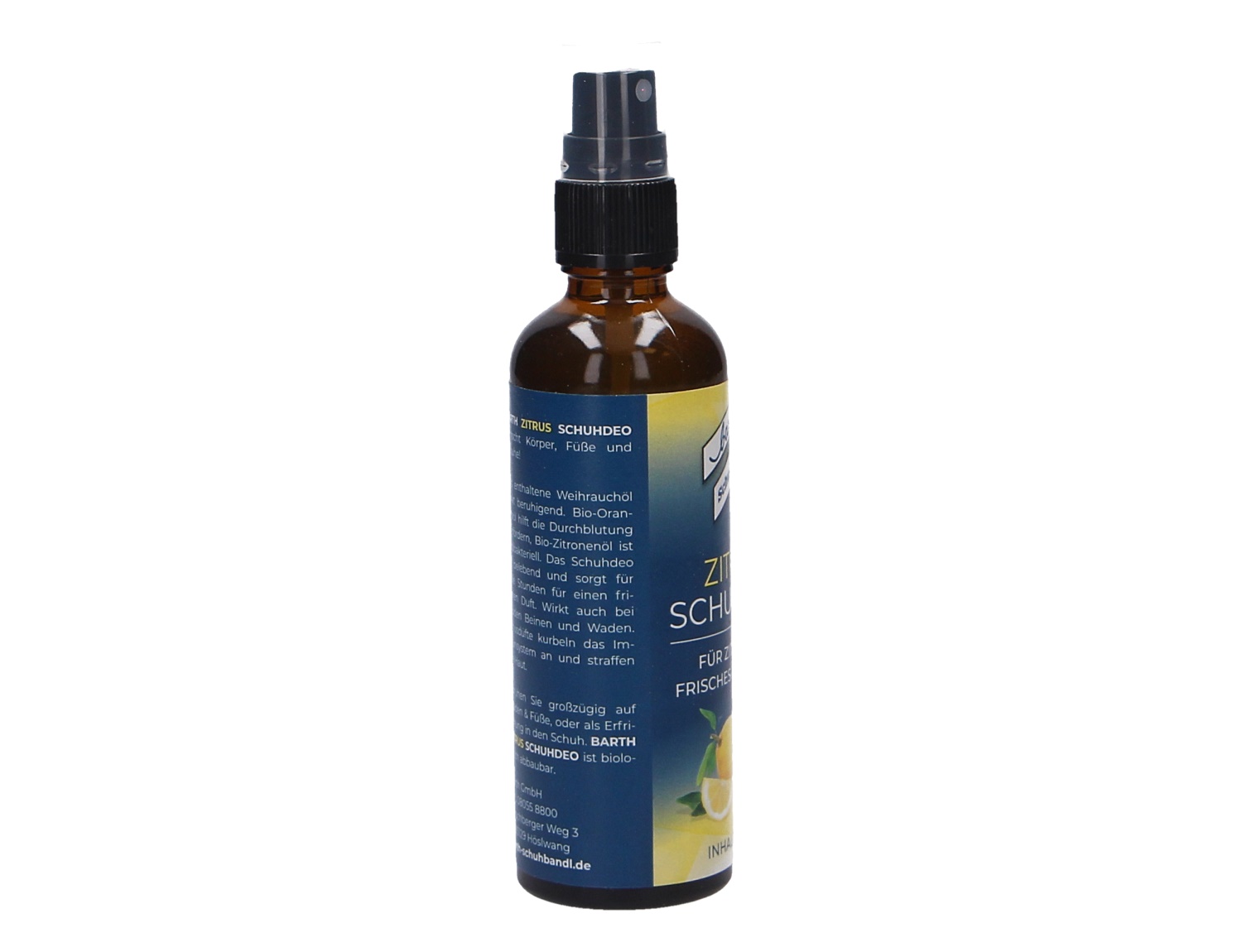 Braune Sprayflasche Barth Zitrus Schuhdeo mit Etikett, Schuhdeo zur schnellen Geruchsminderung und für frische Schuhe mit belebender Zitrusnote