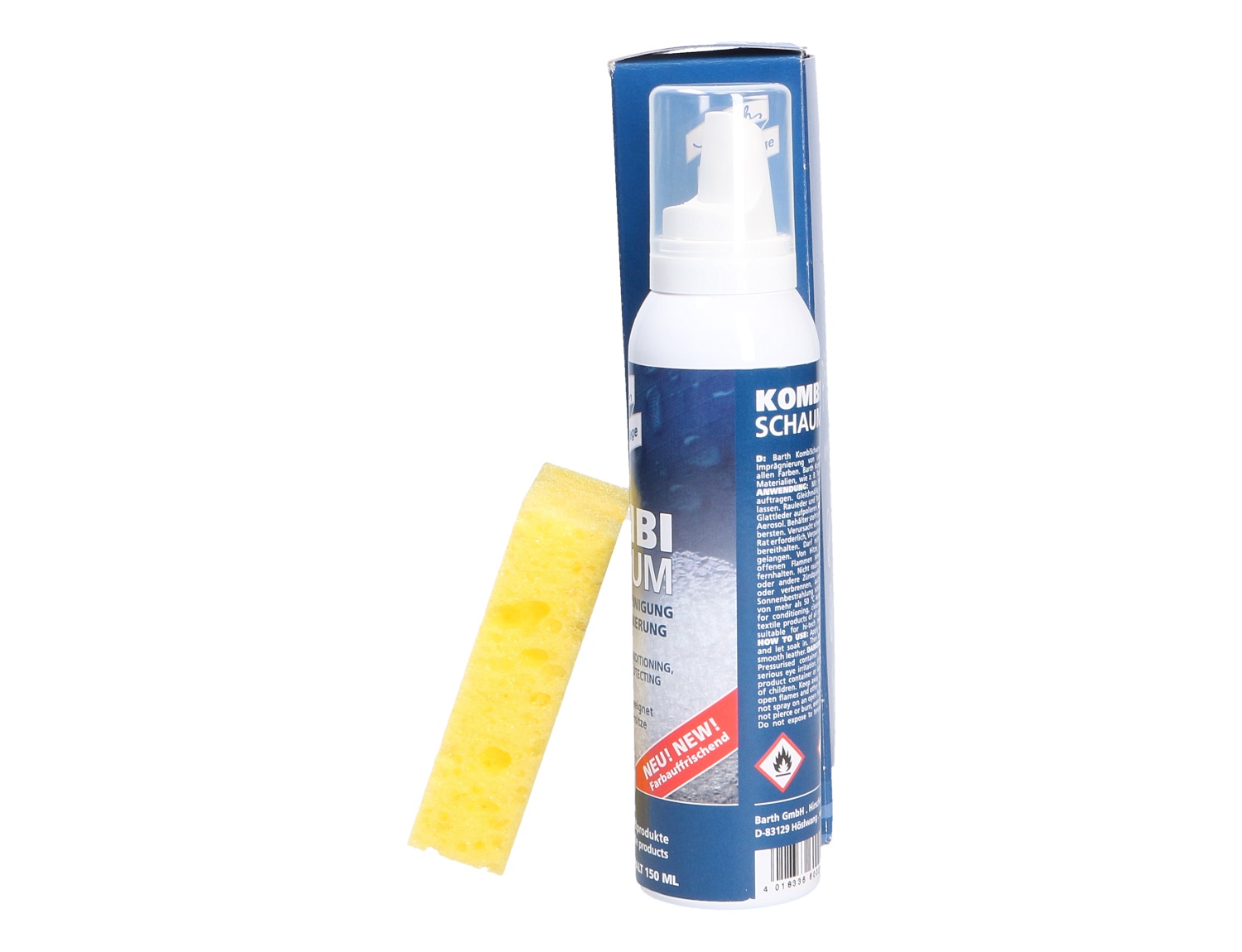 Barth Universal Pflegeset+: Kombischaum in Pumpflasche mit gelbem Schwamm zur Reinigung, Pflege und Auffrischung von Schuhen und verschiedenen Materialien