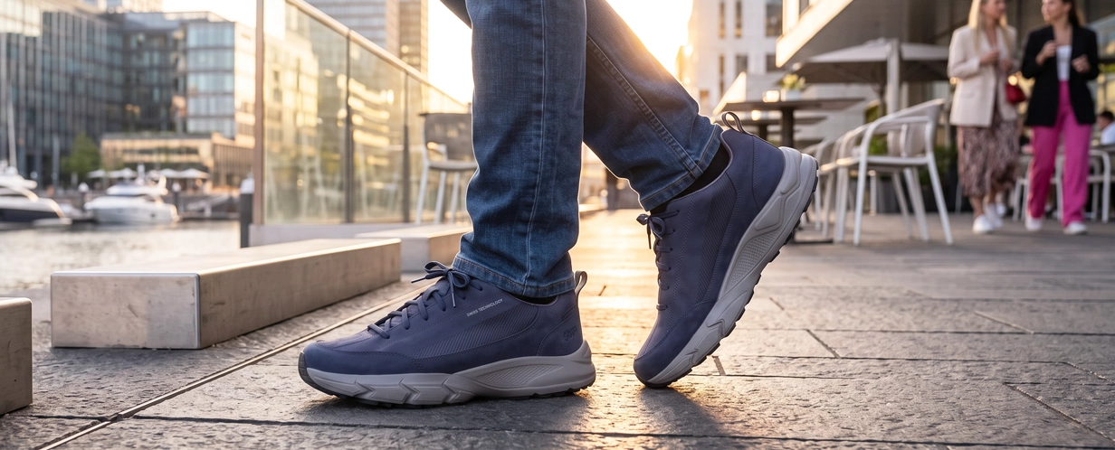 Person trägt blaue Herren-Sneaker mit robuster Komfortsohle und Jeans auf einer modernen Uferpromenade in der Stadt bei Sonnenuntergang