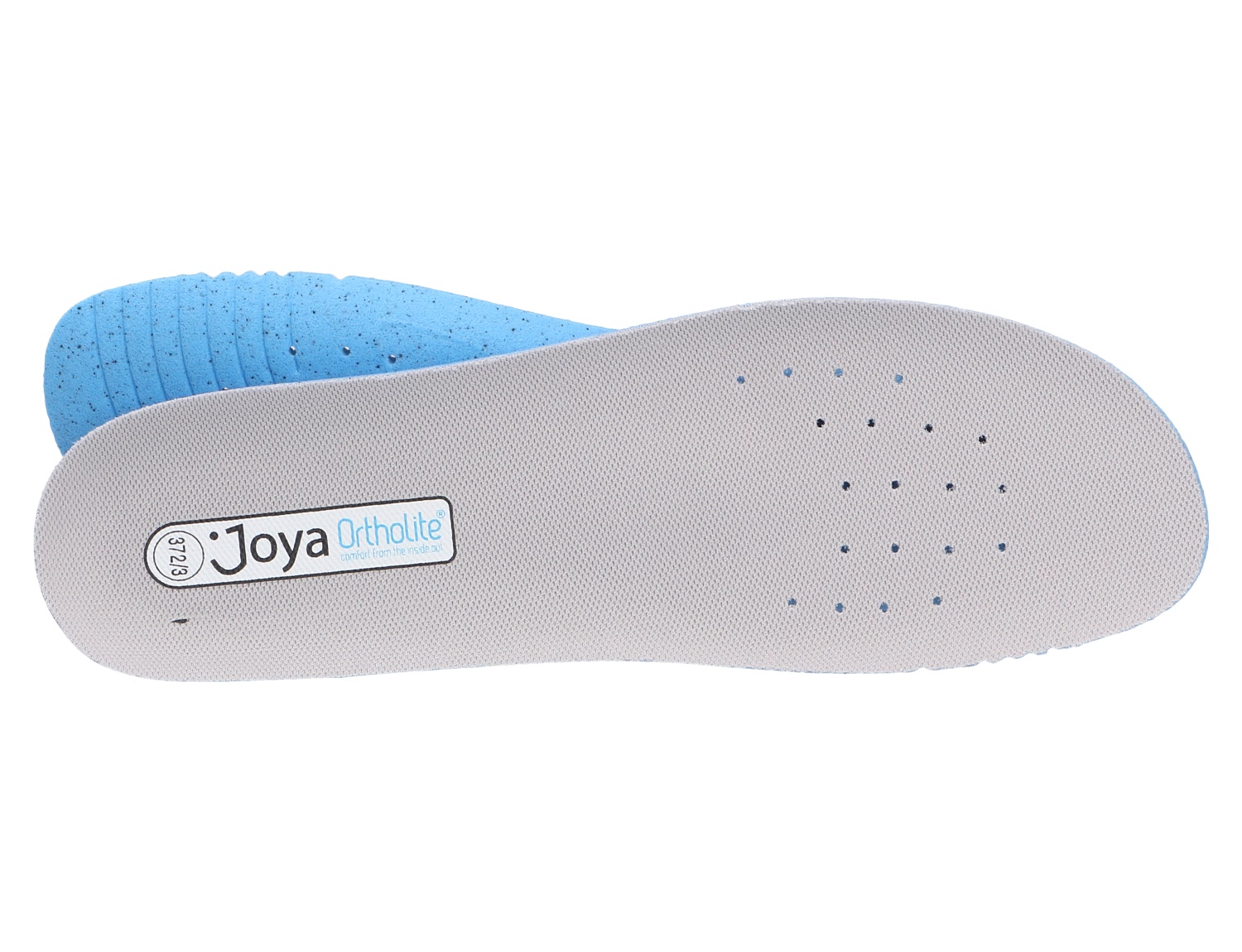 Abgebildet ist die originale JOYA Einlegesohle Ortolite Support Men als Austauschsohle für passende JOYA Herrenschuhmodelle, in Weiß und Blau.
