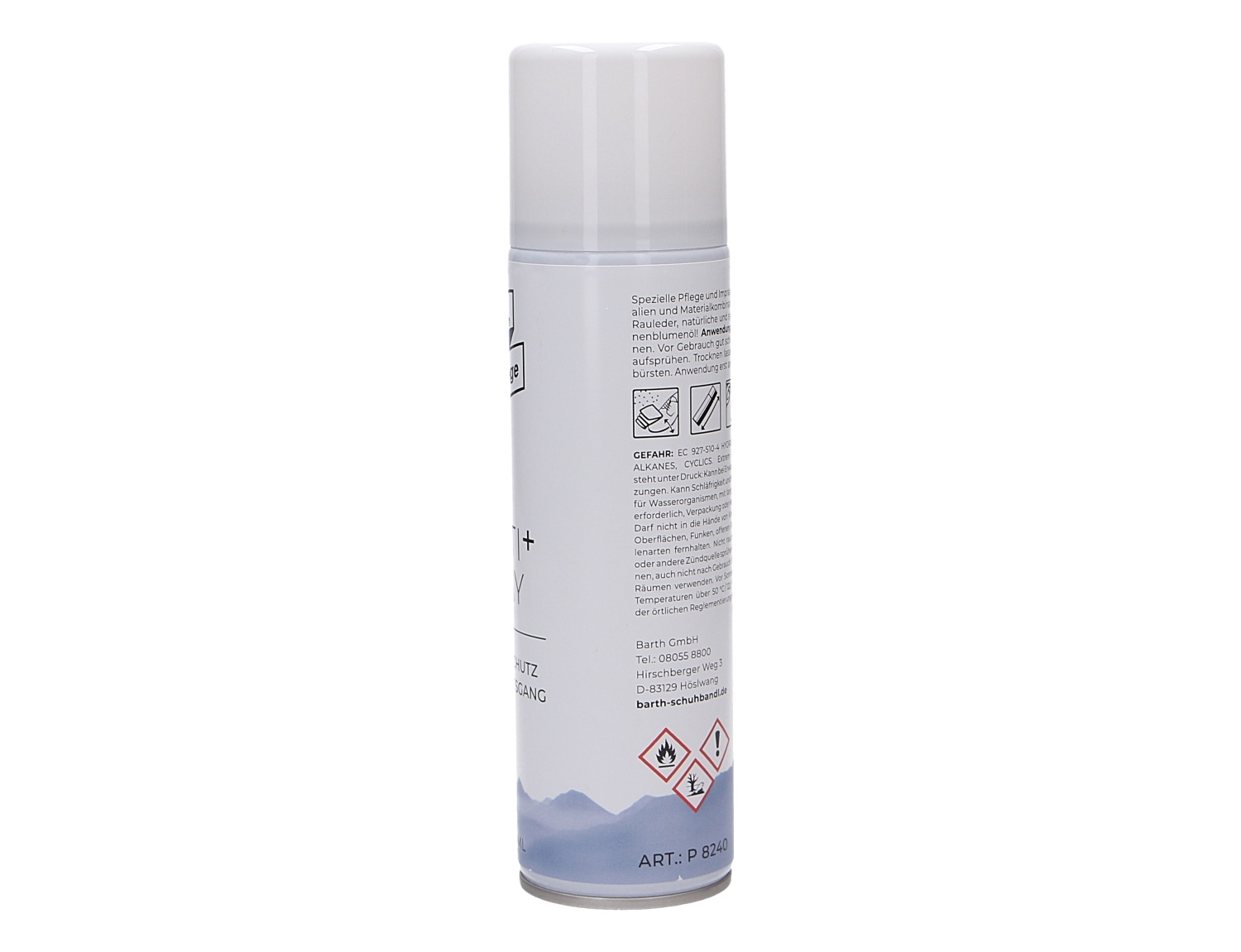 Seitenansicht der Barth Multi+Spray 250ml Dose, flüssiges Schuhpflege-Spray zur Auffrischung, Pflege und zum Schutz von Schuhmaterialien
