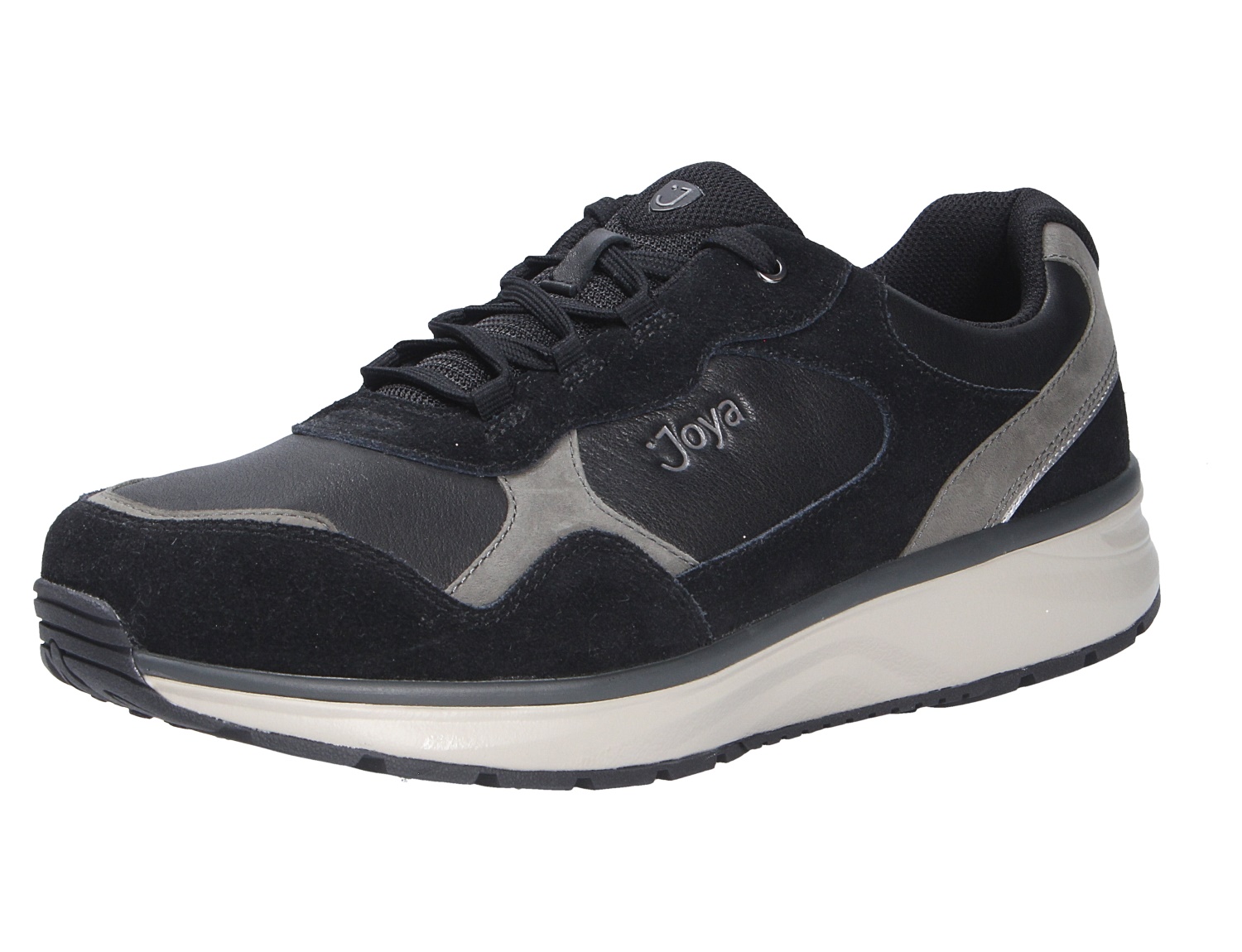 JOYA Tony III black, schwarzer Sneaker aus Leder und Veloursleder mit Schnürung, grauen Details und heller Komfortsohle in Seitenansicht