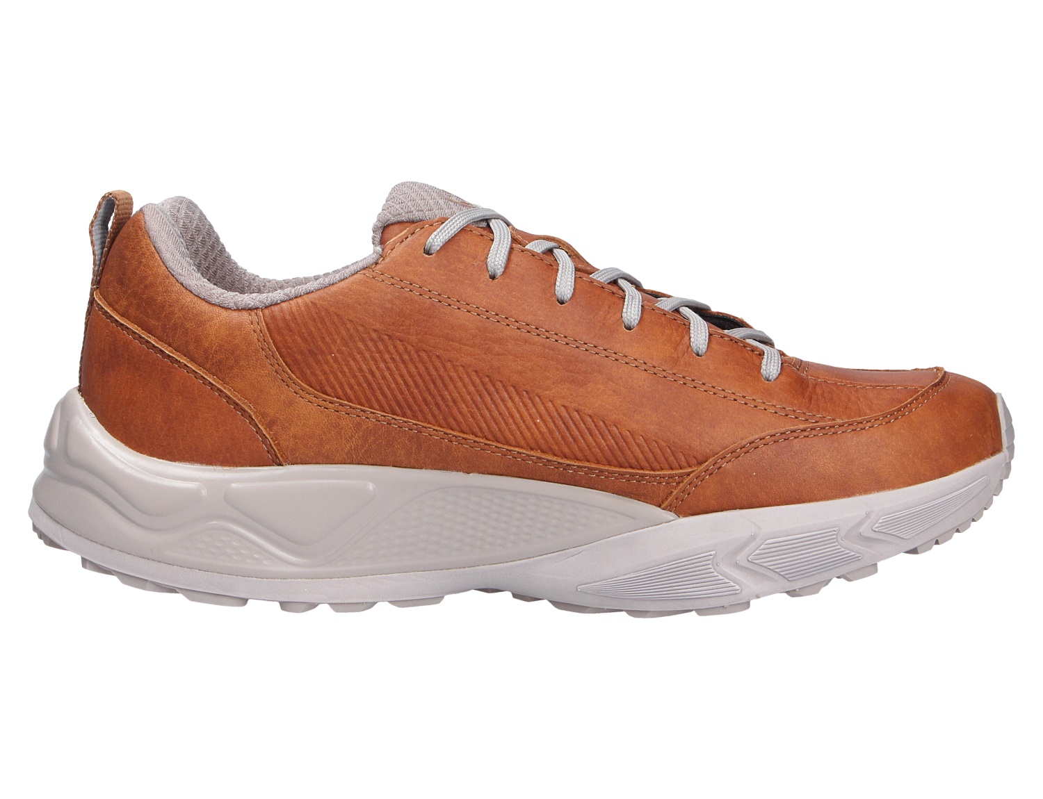Seitenansicht des JOYA Oberstdorf STX brown: brauner Leder-Sneaker mit grauer Schnürung und heller, profilierter Komfortsohle