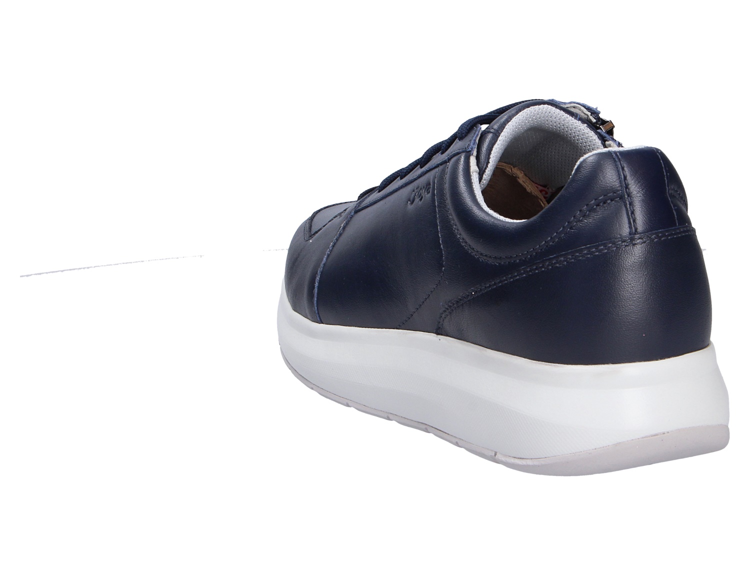 JOYA Oliver dark blue II, dunkelblauer Sneaker aus Leder in schräger Rückansicht mit weißer Komfortsohle