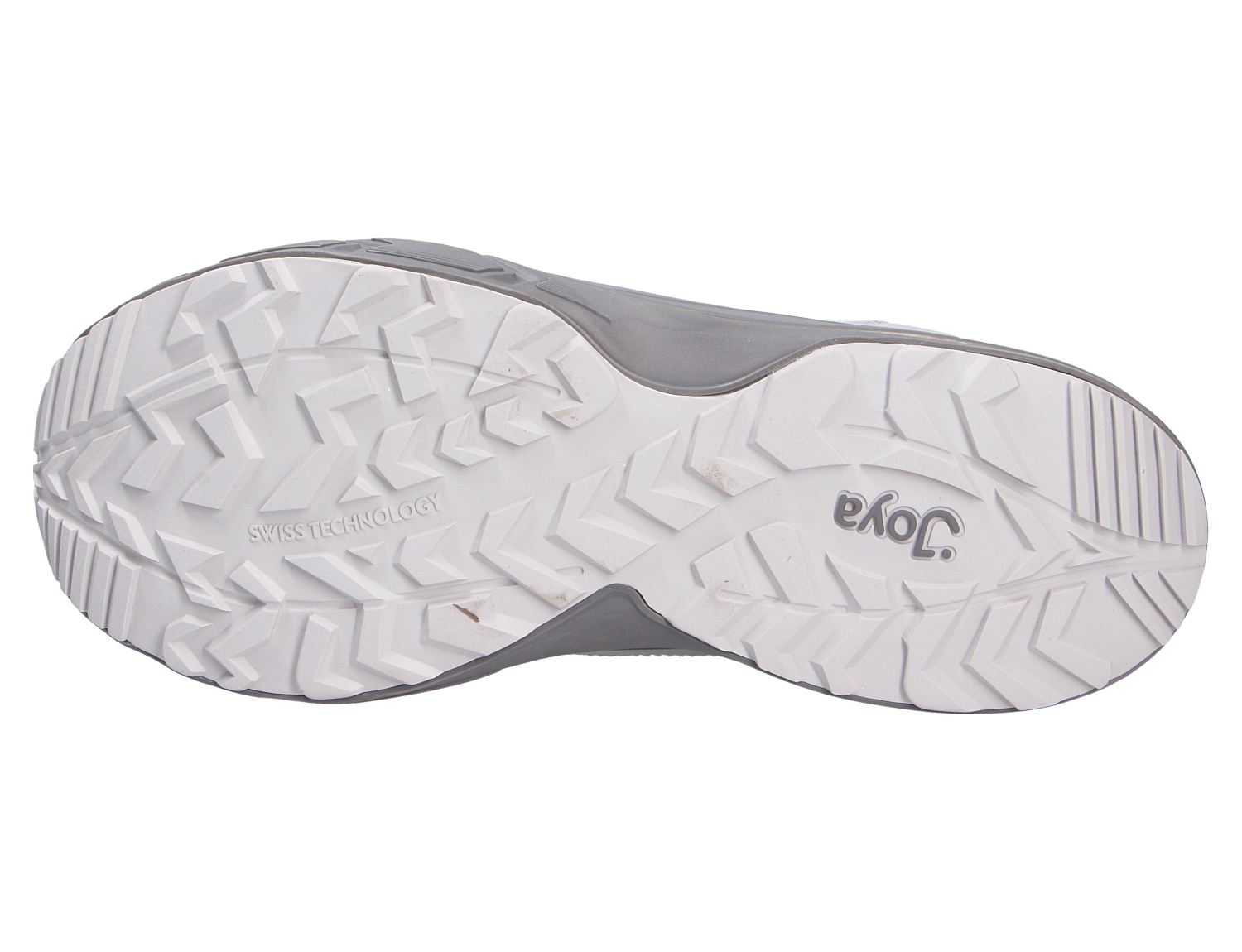 Unteransicht der Profilsohle des JOYA Oberstdorf STX light grey mit griffigem, weißem Laufsohlenprofil.