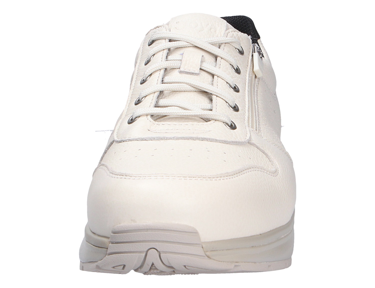 Frontalansicht des weißen Herren-Sneakers JOYA DYNAMO Zip M white II mit Schnürung, seitlichem Reißverschluss und sportlicher Sohle