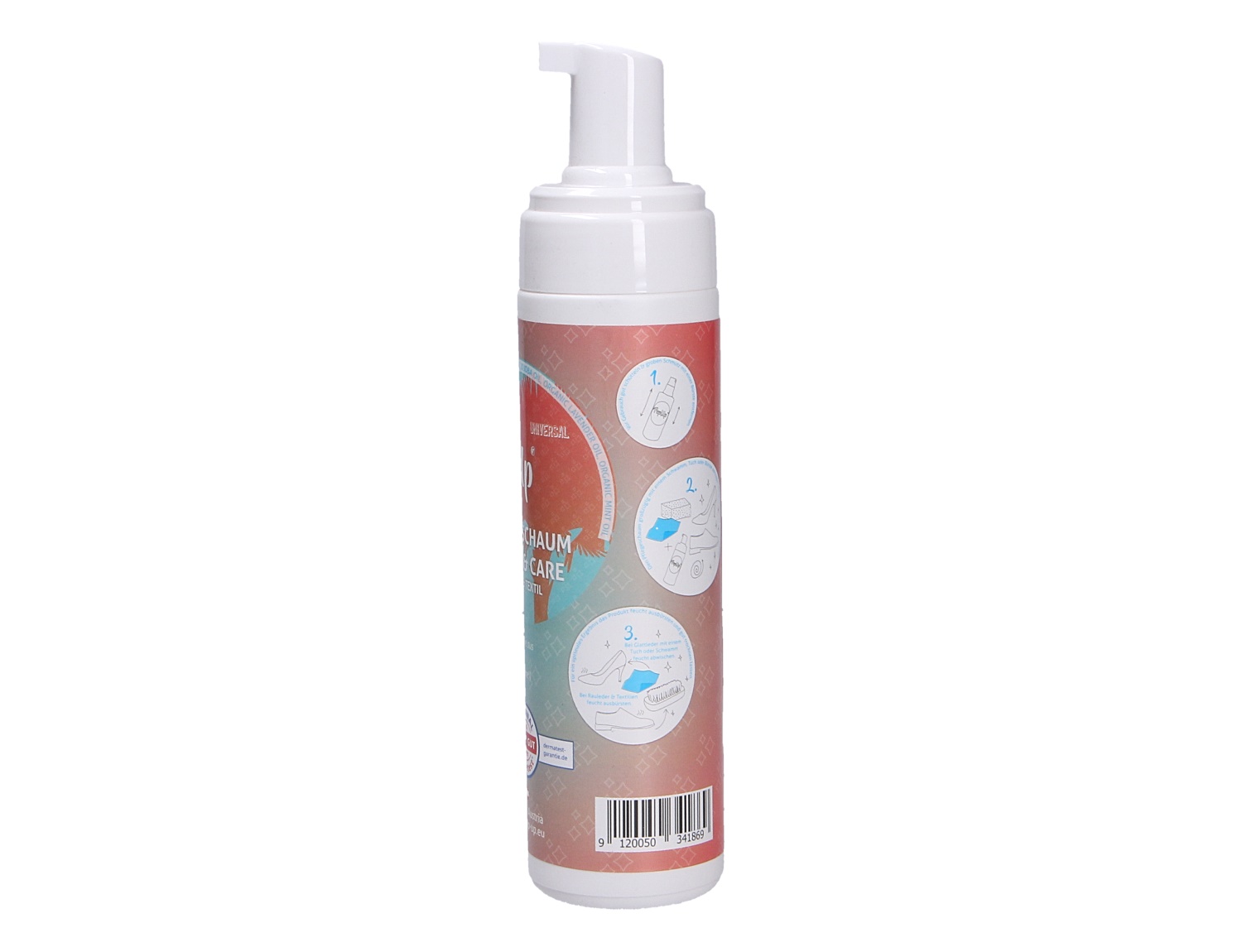 Rückansicht einer Barth Pumpschaumflasche Universal-Leder u. Textil Pflegeschaum, biologisch abbaubarer Reinigungsschaum mit Bio-Jojobaöl, Bio-Lavendelöl und Bio-Pfefferminzöl für Leder und Textilien