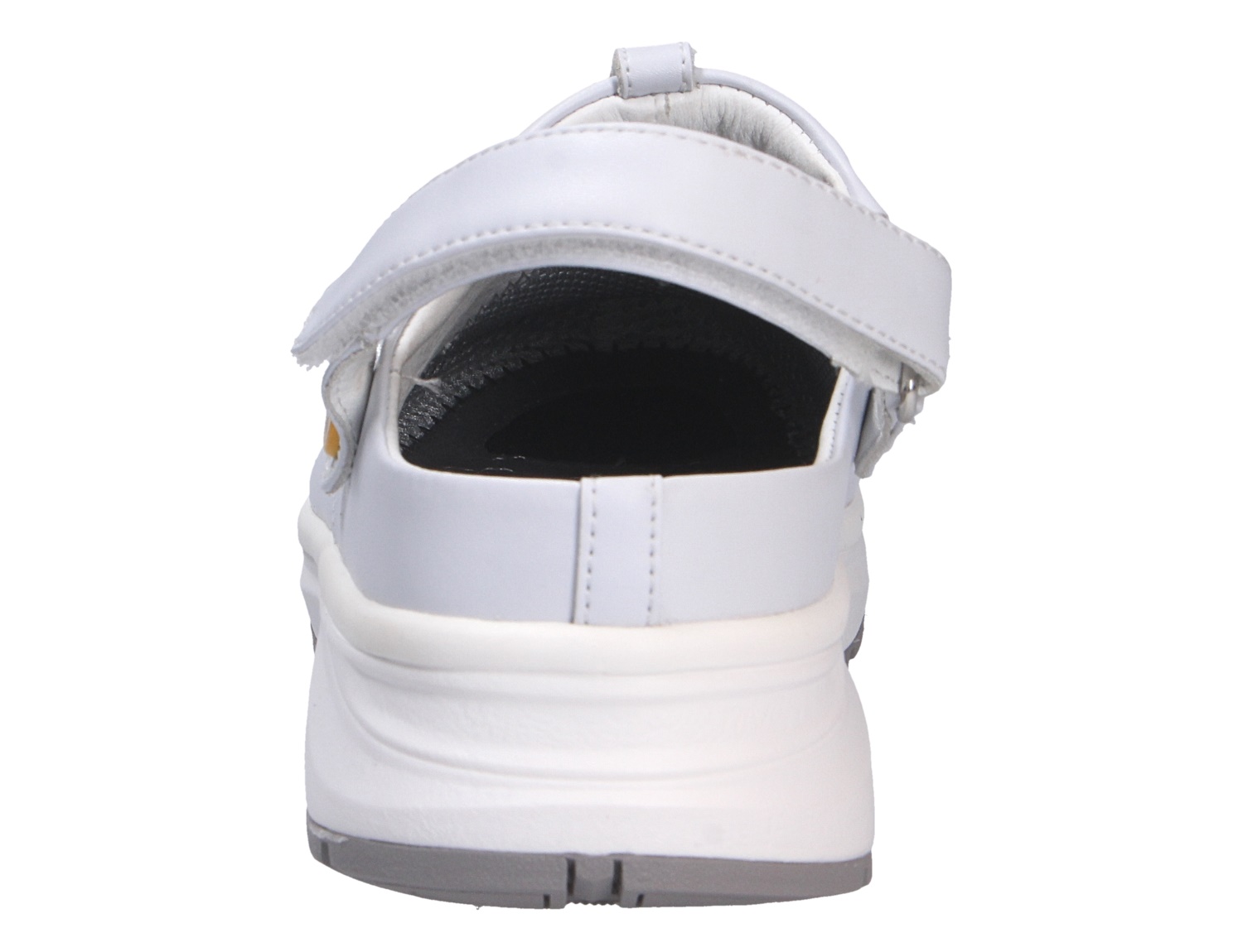 Rückansicht des JOYA IQ ESD white W Damen-Clogs in Weiß aus Glattleder mit Fersenriemen, ESD-Ausstattung und weich dämpfender Sohle für komfortables Stehen und Gehen