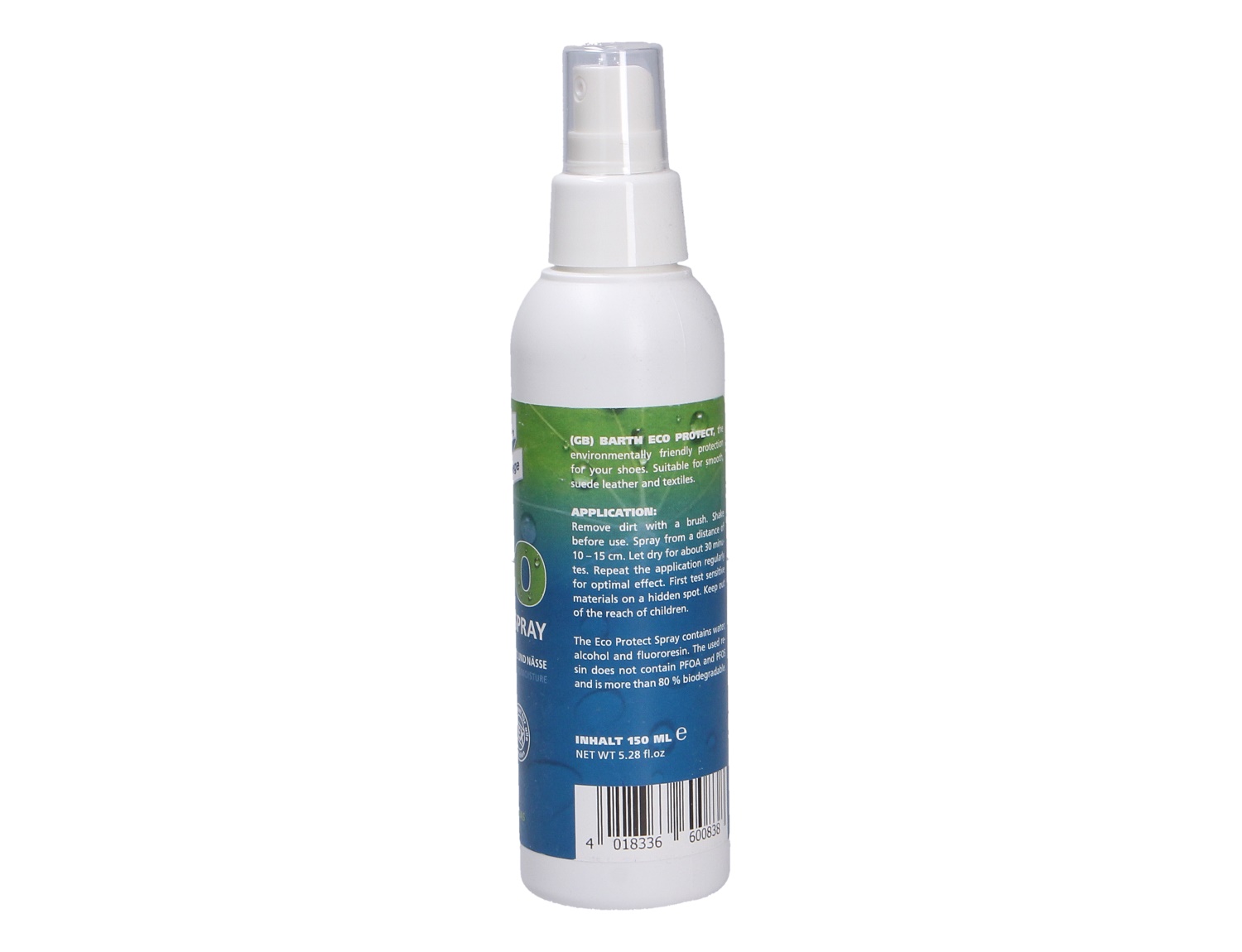 Rückansicht der Flasche Barth ECO Protect Spray 150 ml, umweltfreundliches Imprägnierspray zum Schutz von Schuhen vor Nässe und Schmutz.