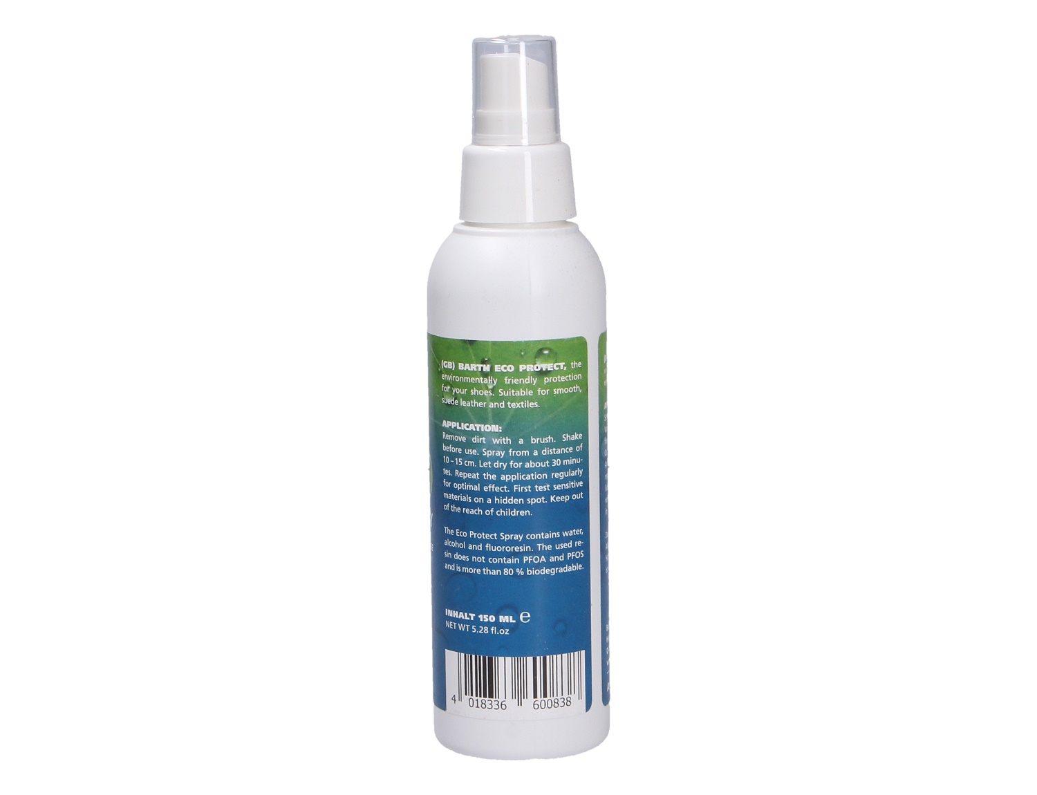 Rückansicht des Barth ECO Protect Spray 150ml, umweltfreundliches Schuhschutzspray zum Schutz vor Nässe und Schmutz für Glattleder, Veloursleder und Textilien.
