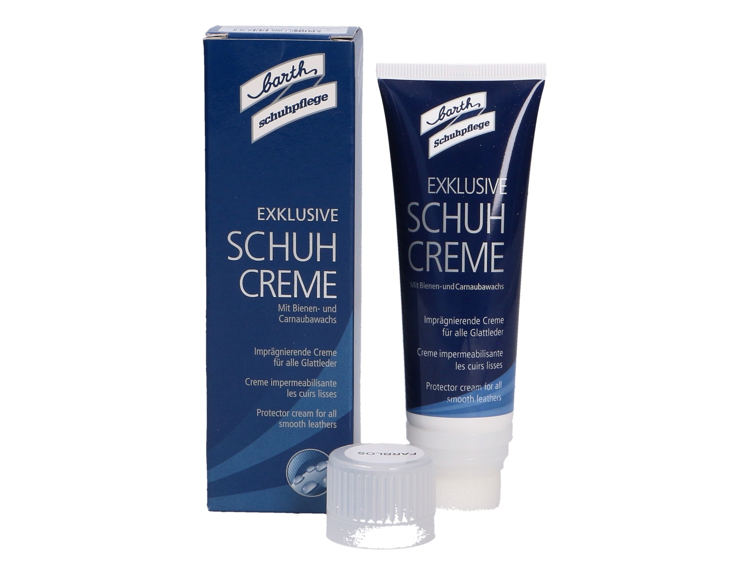 Barth Exclusive Schuhcreme farblos in Tube mit Verpackung und Deckel, farblose Pflegecreme für Glattleder, imprägnierend und glanzgebend mit Bienen- und Carnaubawachs