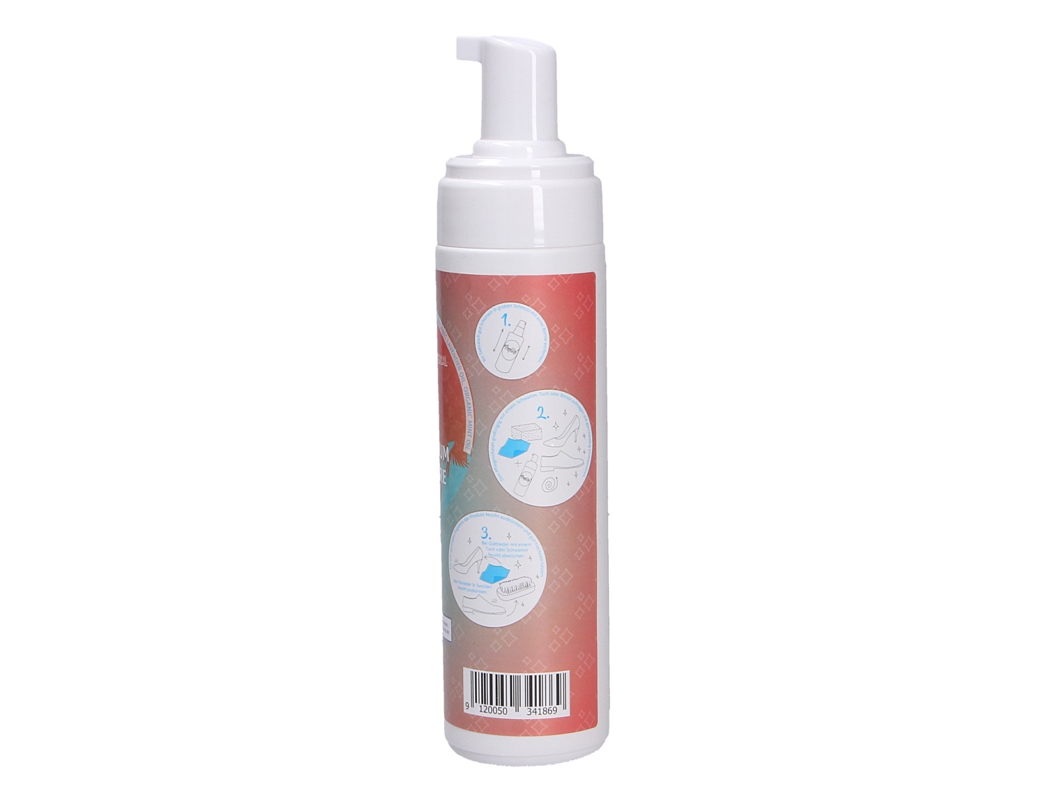 Rückseite der Barth Universal-Leder u. Textil Pflegeschaum Pumpschaumflasche mit Anwendungsgrafiken, biologisch abbaubarer Reinigungsschaum mit Bio-Jojobaöl, Bio-Lavendelöl und Bio-Pfefferminzöl für Leder und Textilien