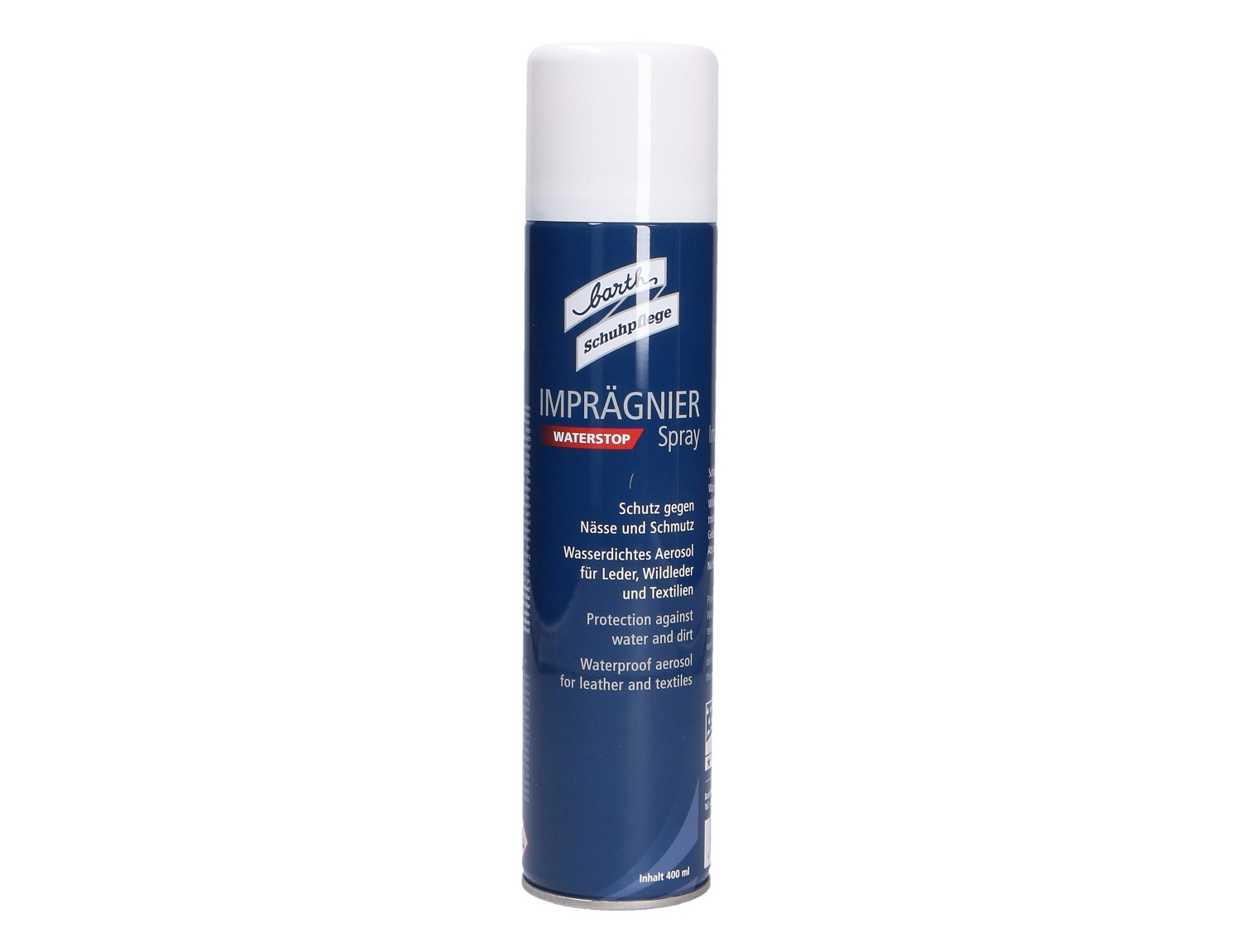 Produktabbildung Barth Imprägnier Spray 400 ml in blauer Spraydose mit weißer Kappe, Imprägnierschutz für Schuhe, Taschen, Leder und Textilien gegen Feuchtigkeit und Schmutz