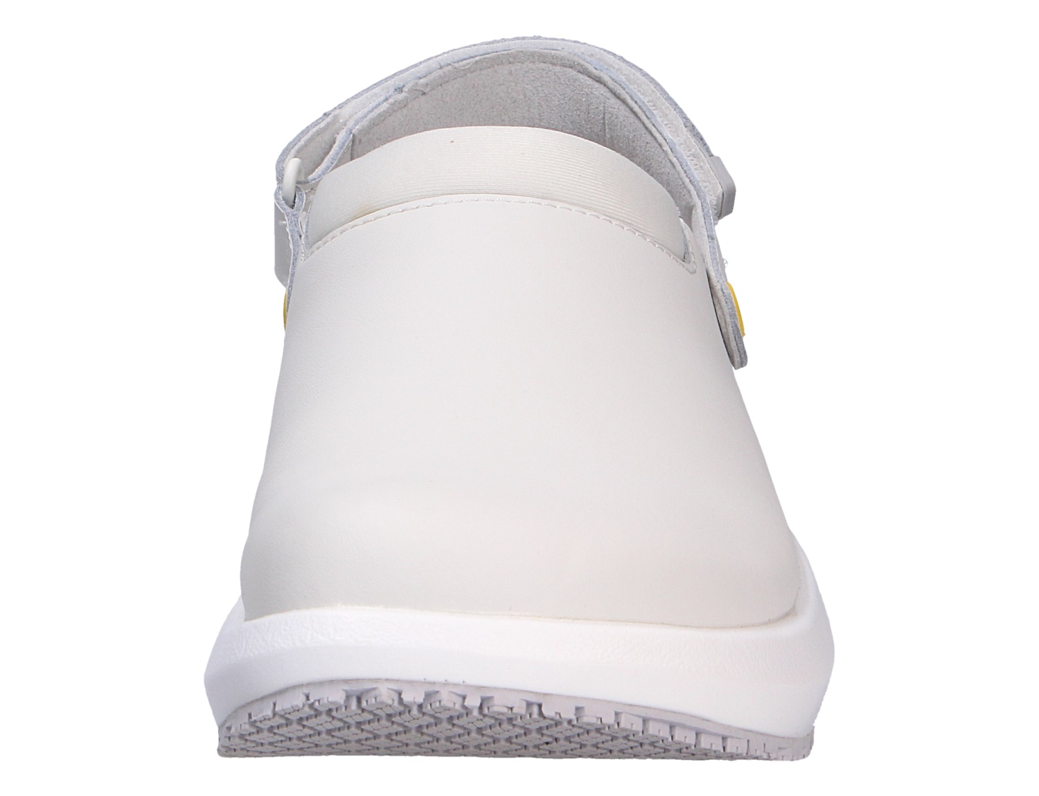 Frontansicht der weißen JOYA Herren-Pantolette ACE ESD M white aus Glattleder mit verstellbarem Klettverschluss und breiter, bequemer Passform.