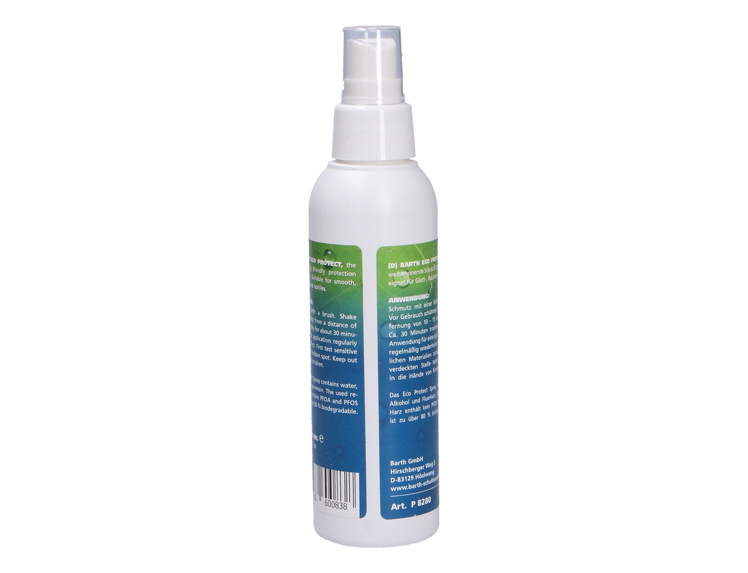 Rückansicht der Flasche Barth ECO Protect Spray 150 ml, Schuhschutz-Spray zum Schutz vor Nässe und Schmutz für langlebig gepflegte Schuhe
