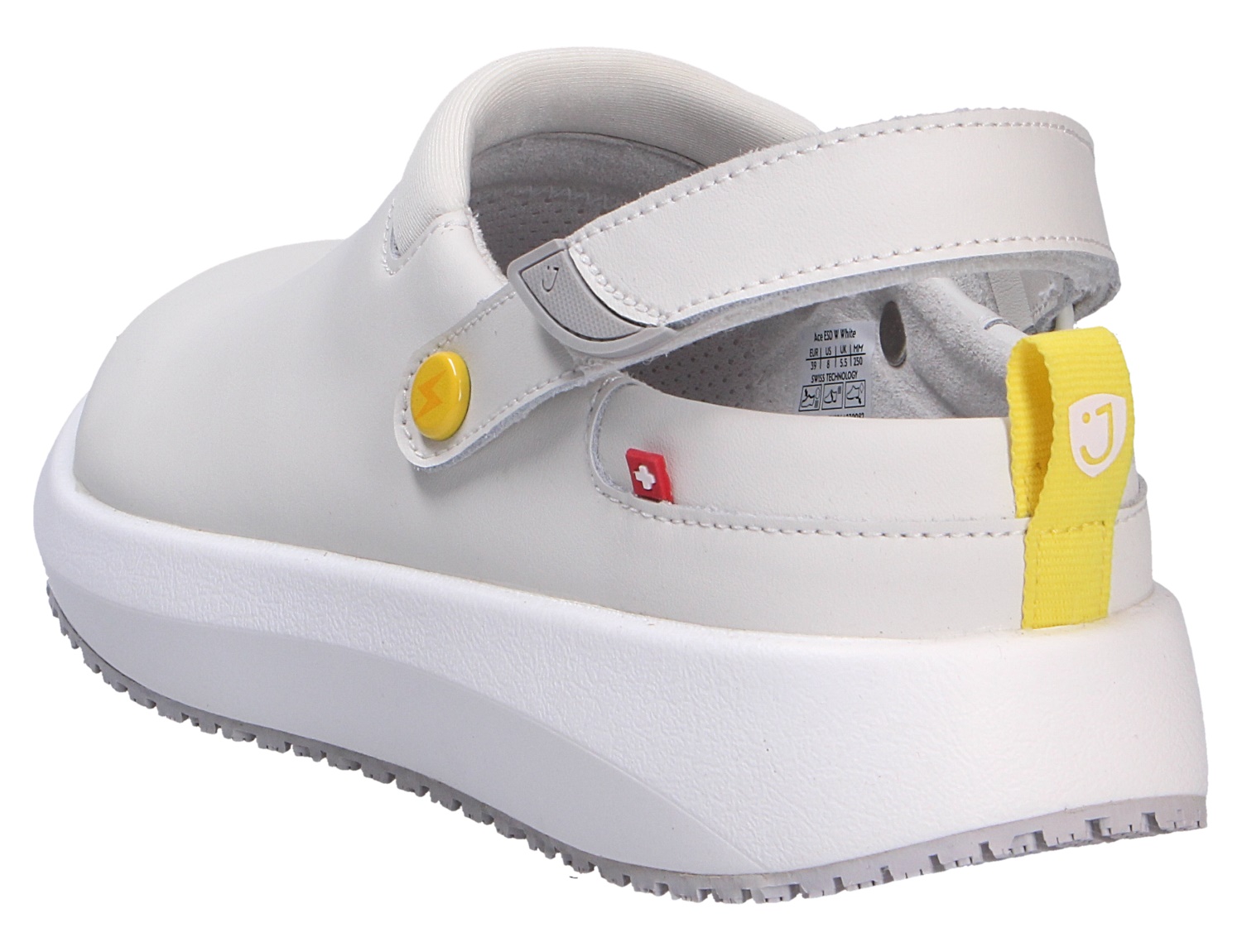 JOYA ACE ESD M white Herren-Pantolette in Weiß aus Glattleder, Rückansicht mit Fersenriemen, Klettverschluss und komfortabler, entlastender Sohle