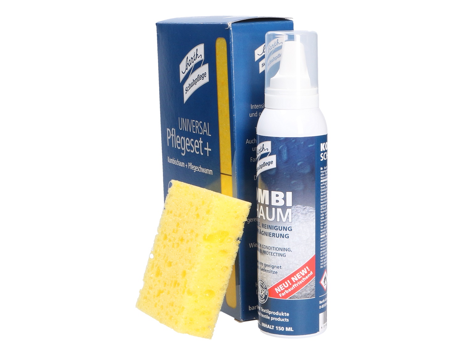 Barth Universal Pflegeset+ mit Kombischaum-Flasche, Verpackung und gelbem Pflegeschwamm zur Reinigung, Pflege und Auffrischung von Schuhen
