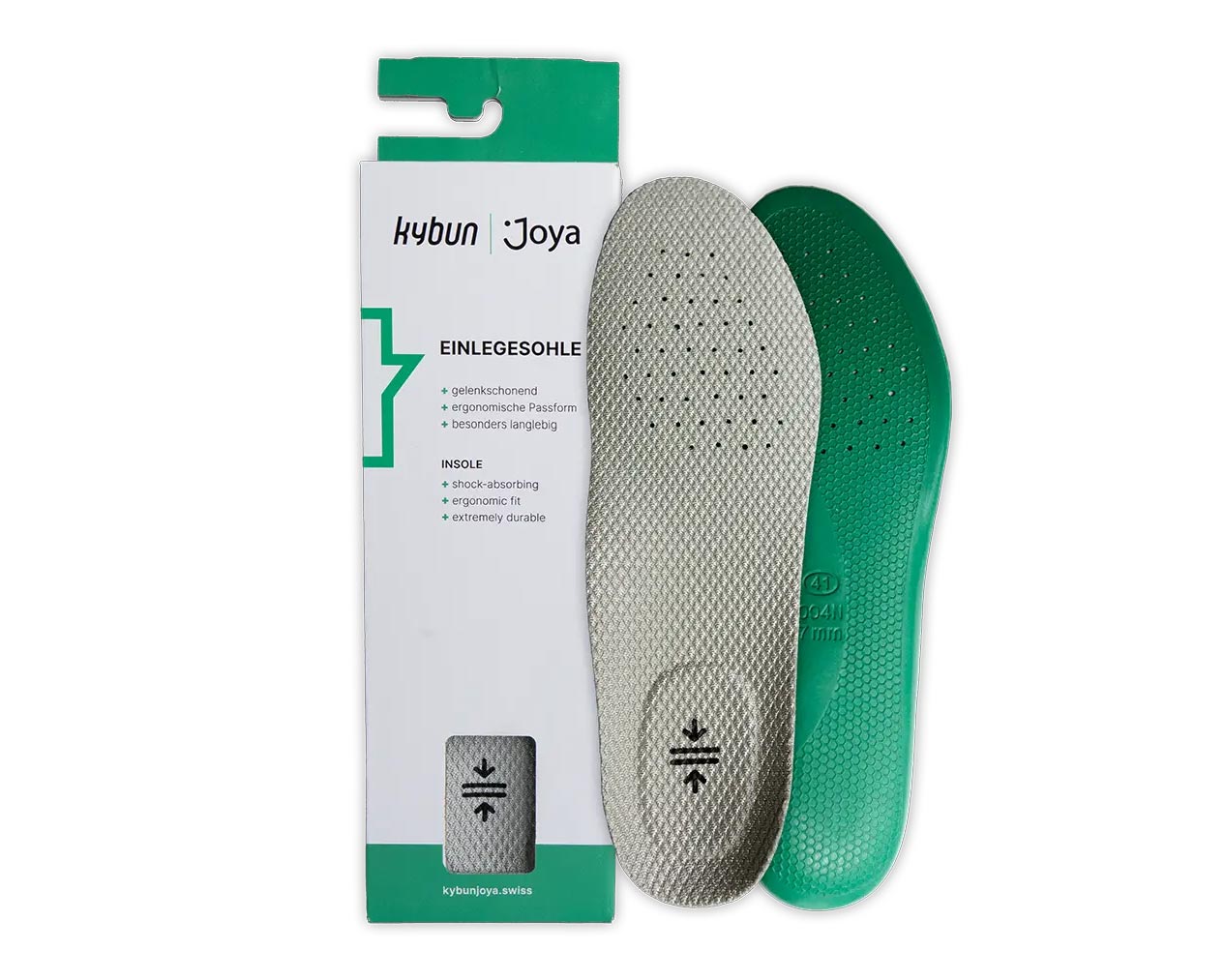 JOYA Einlegesohle Comfort mit Verpackung, Vorder- und Rückseite der robusten, polsternden Einlegesohle für Stabilität, Unterstützung sensibler Fusszonen und hohen Tragekomfort in jedem Schuh