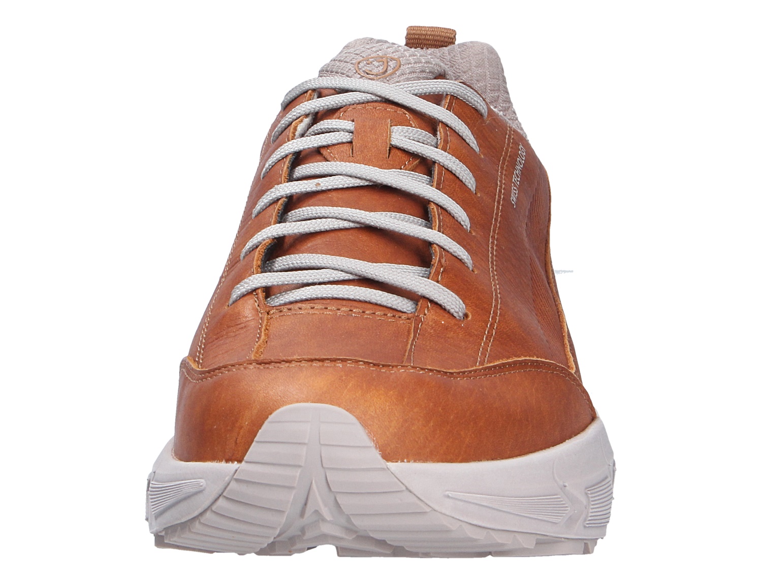 Frontalansicht des JOYA Oberstdorf STX brown: brauner Leder-Sneaker mit grauen Schnürsenkeln und heller Sohle