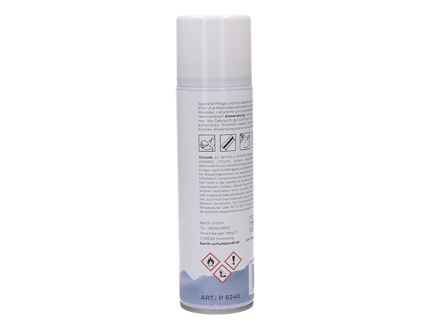 Rückansicht der Barth Multi+Spray 250ml Dose, flüssiges Schuhpflege-Spray zur Pflege, Auffrischung und zum Schutz verschiedener Materialien