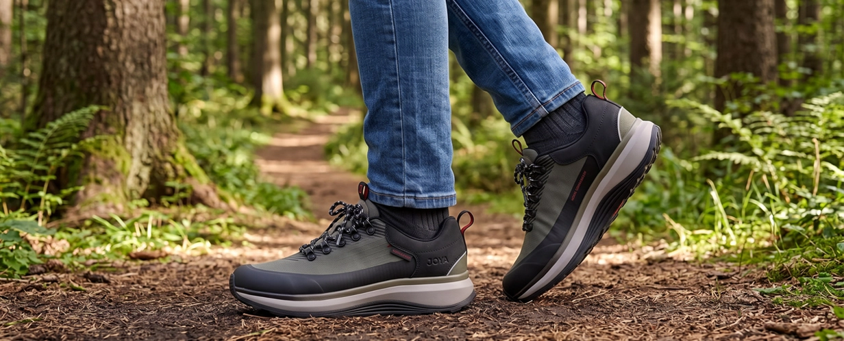 Person trägt graue JOYA Outdoor-Sneaker auf einem Waldweg – bequeme Freizeitschuhe für Spaziergänge und leichte Wanderungen