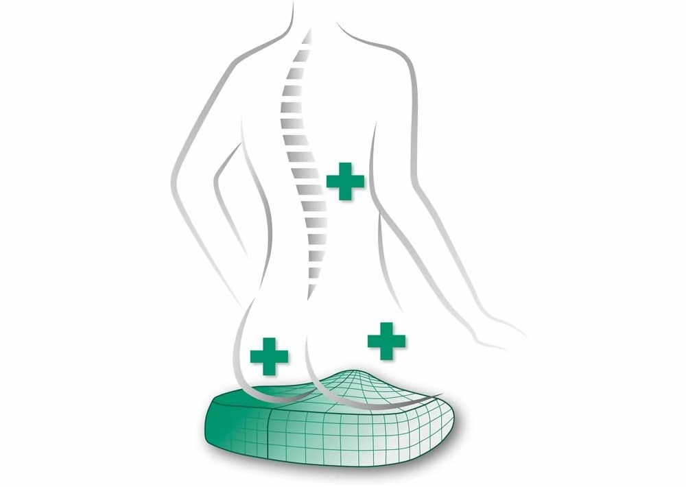 Illustration eines Rückens auf dem JOYA elastisch-federnden Sitzkissen, das aktive Sitzhaltung fördert und Rücken sowie Beckenboden entlastet.