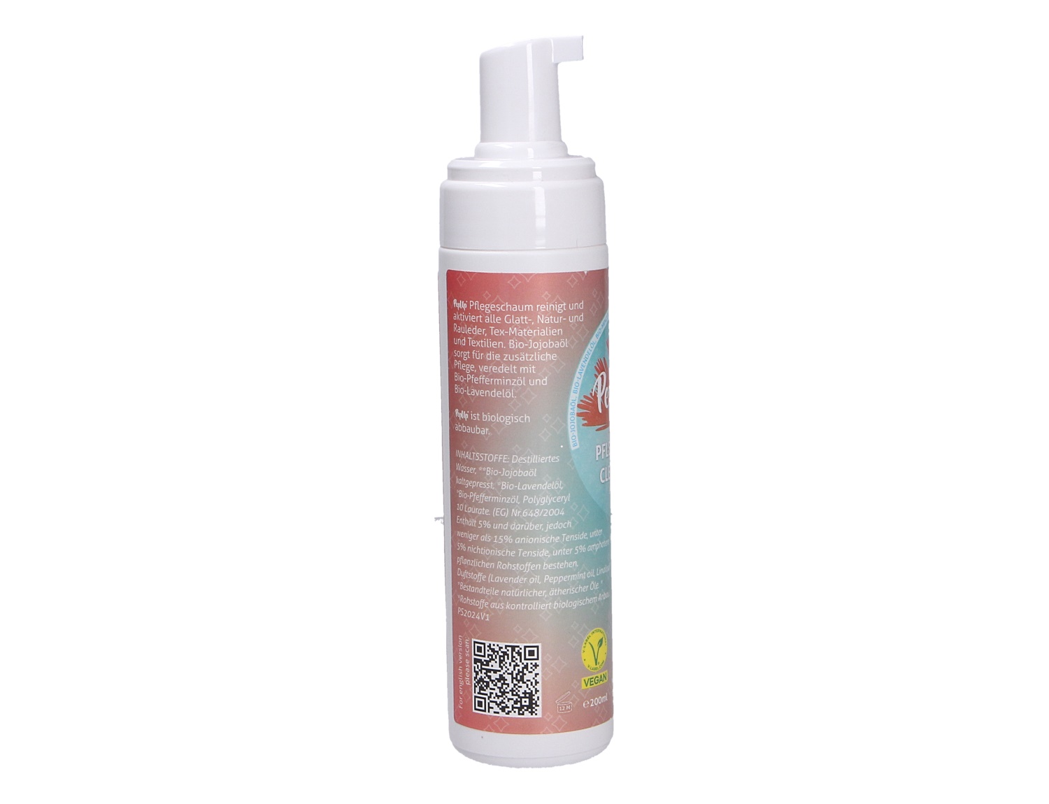 Rückseite der Barth Universal-Leder u. Textil Pflegeschaum Flasche mit Pumpspender, biologisch abbaubar, mit Bio-Jojobaöl, Bio-Lavendelöl und Bio-Pfefferminzöl