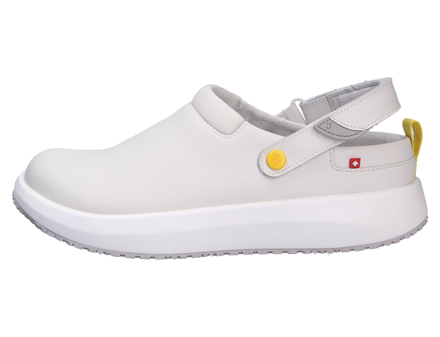 JOYA ACE ESD M white, weiße Herren-Pantolette aus Glattleder mit verstellbarem Fersenriemen und komfortabler Sohle, seitliche Ansicht