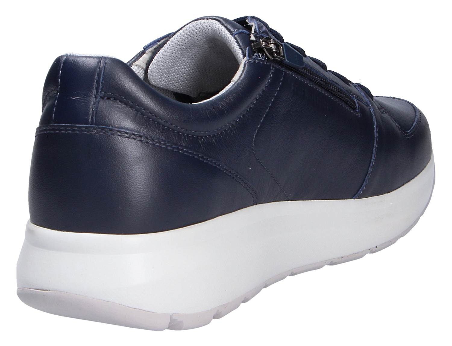 JOYA Oliver dark blue II, dunkelblauer Sneaker aus Leder mit weißer Sohle und seitlichem Reißverschluss in Rück- und Seitenansicht