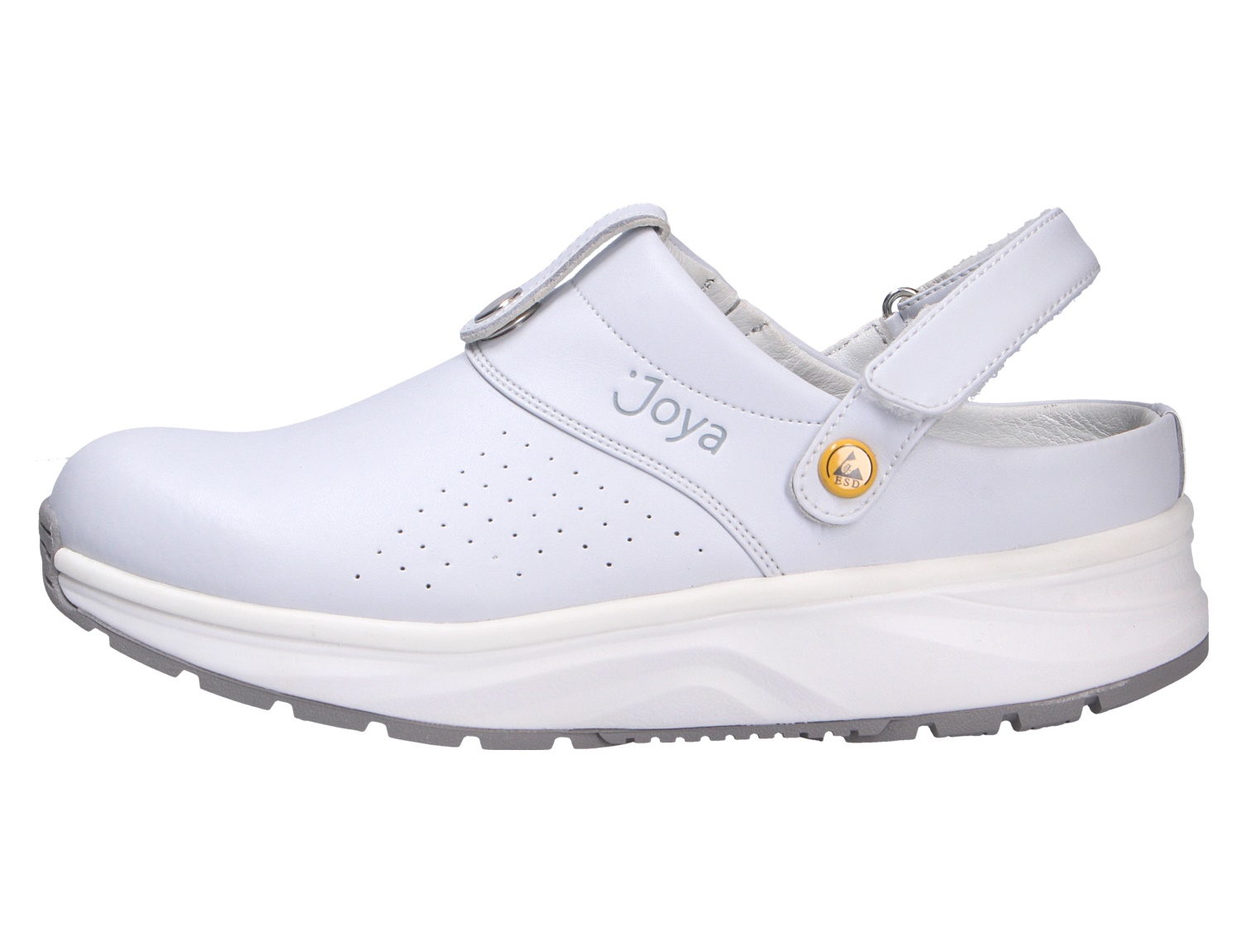 JOYA IQ ESD white W, weißer Damen-Berufsschuh aus Glattleder mit ESD-Schutz, weicher Sohle und verstellbarem Fersenriemen für komfortables Stehen und Gehen