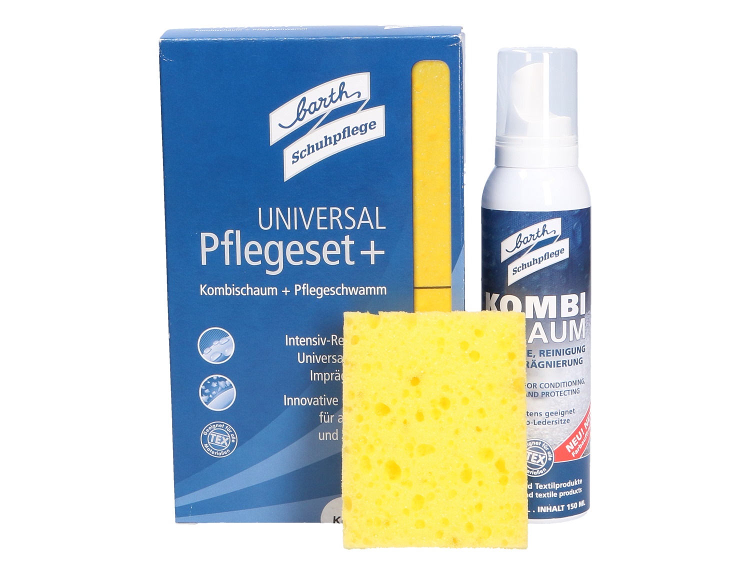Barth Universal Pflegeset+ mit Kombischaum, Pflegeschwamm und Verpackung – Set zur Reinigung, Pflege und Imprägnierung von Schuhen